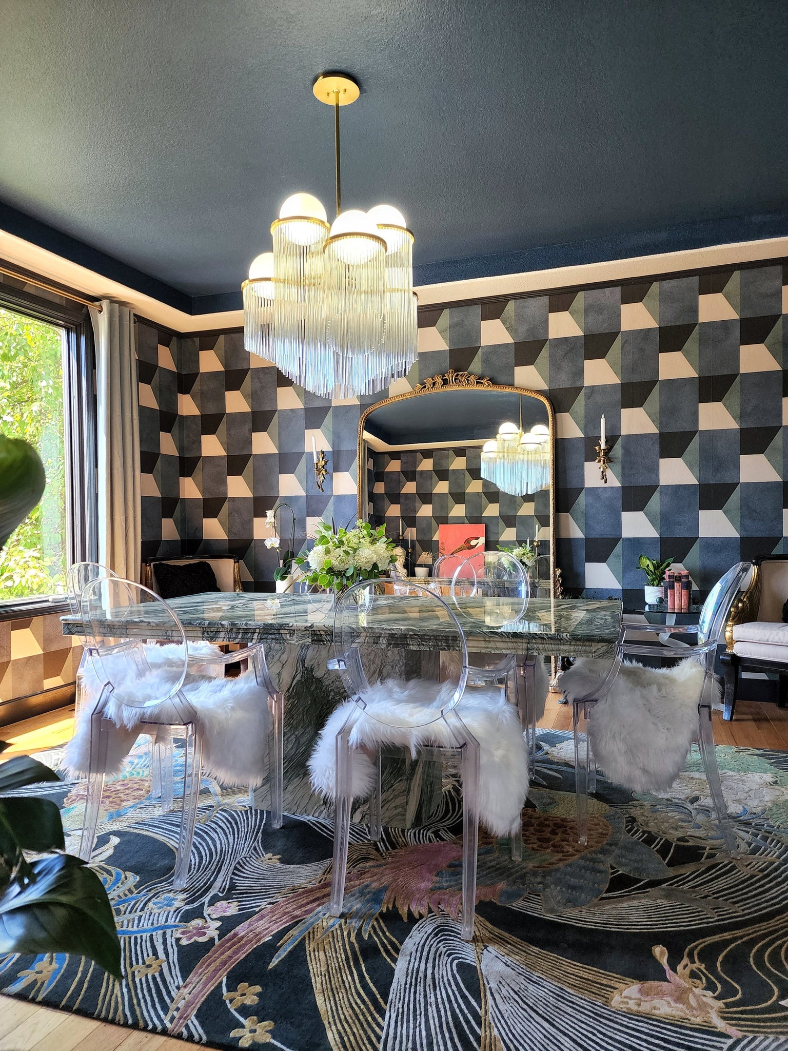 Celestial Chandelier 31.5" styled in an elegant dining room for warm, layered light at Laurie Yapp Home.