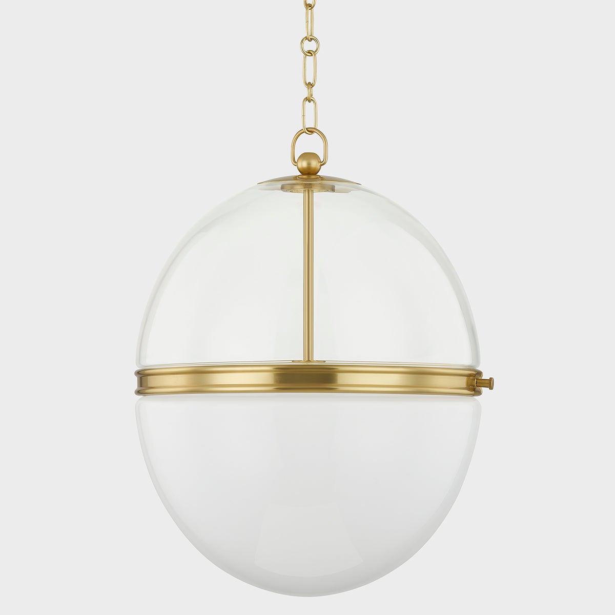 Donnell Pendant 17.5" in aged brass shown from the front to reveal the shade shape and metal detail.