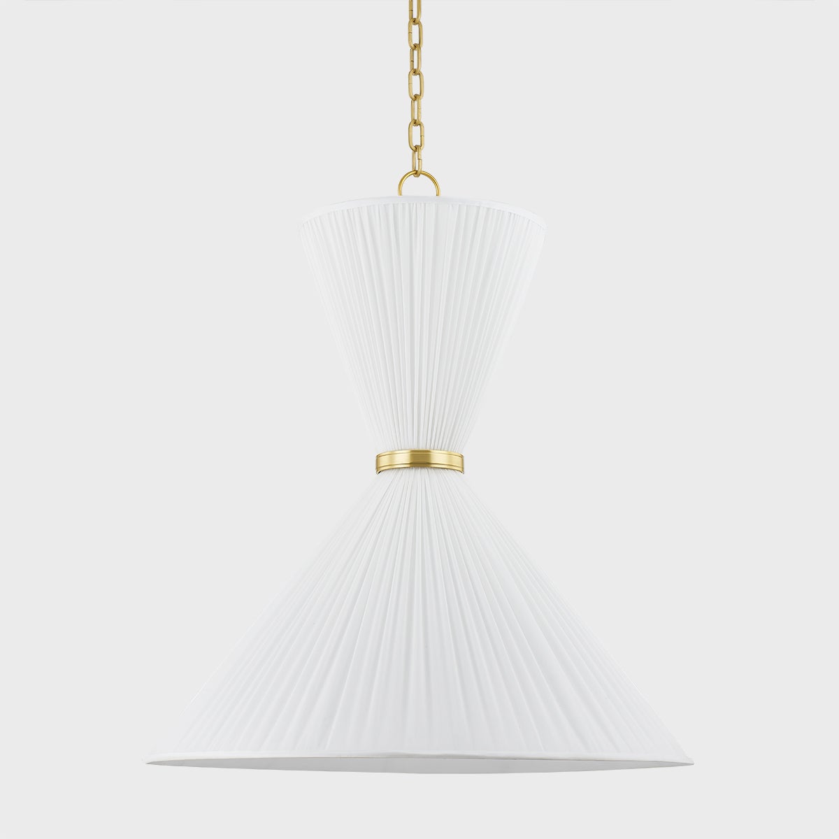 Enid Pendant 30" in aged brass shown from the front to reveal the shade shape and metal detail.