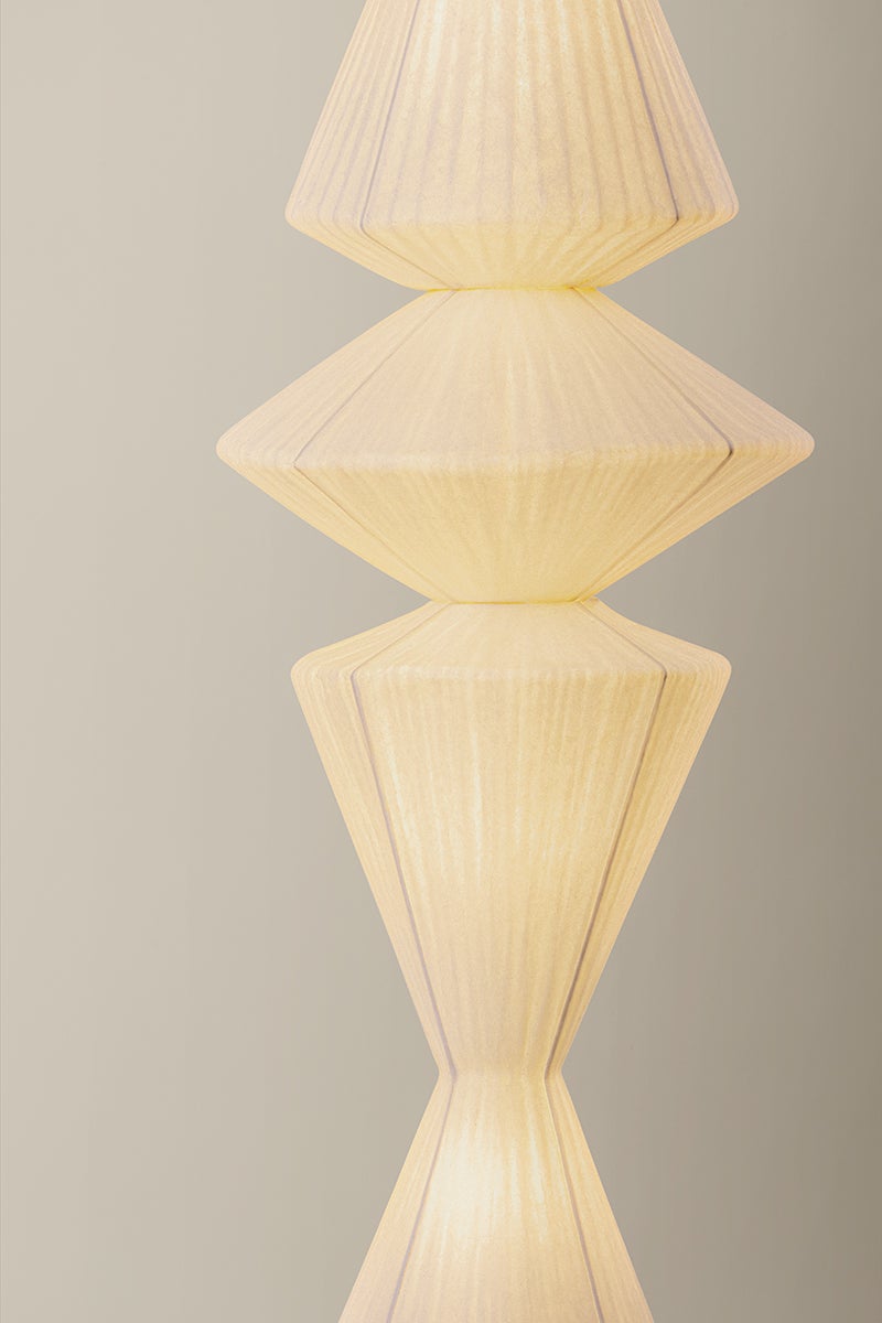 Close-up of the Greendale Floor Lamp in aged brass showing the stem, base, and shade proportions.