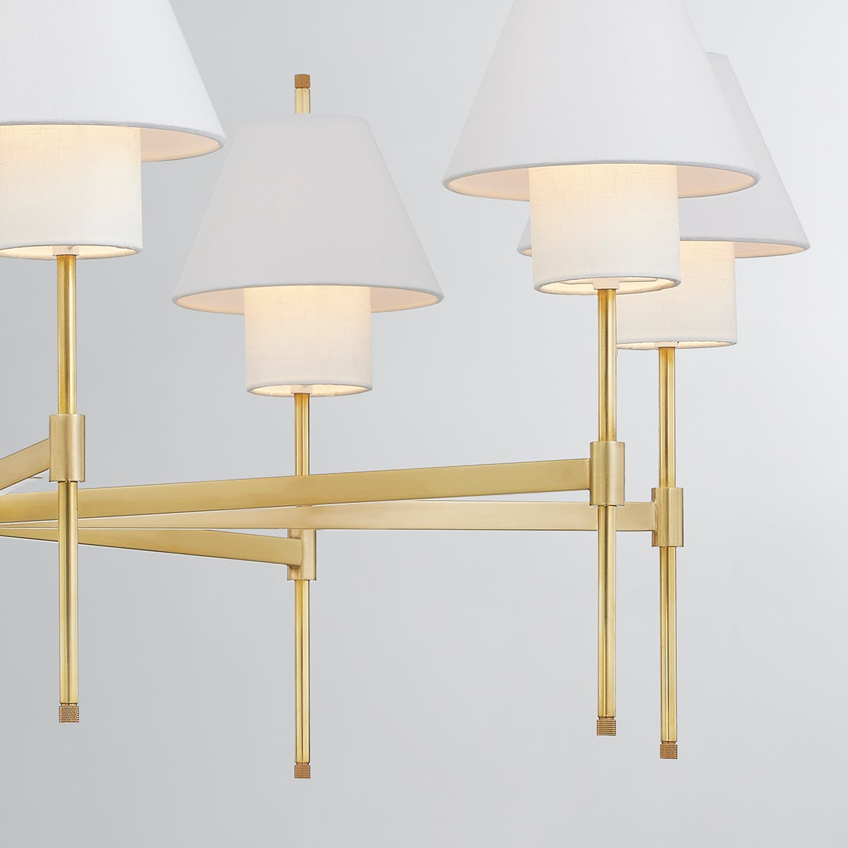 Close-up of the Glenmoore Chandelier 48.5" x 26.25" in aged brass showing the frame, arms, and shade detail.