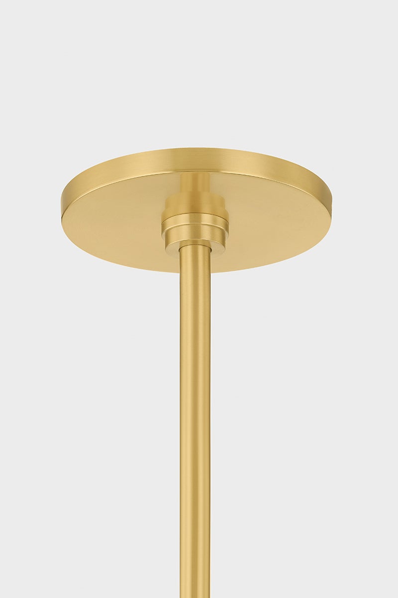 Harpswell Chandelier 25" in aged brass shown from a second angle to highlight the frame, arms, and shade detail.