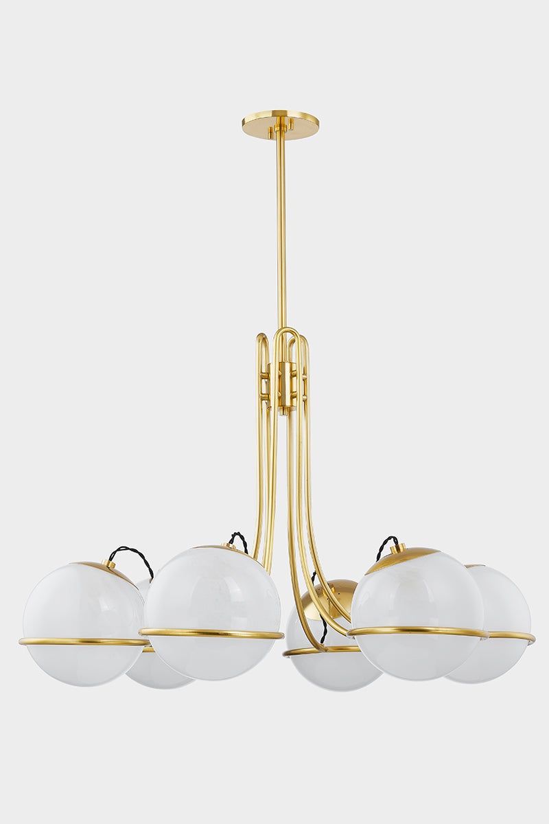Hingham Chandelier in aged brass shown from a second angle to highlight the frame, arms, and shade detail.