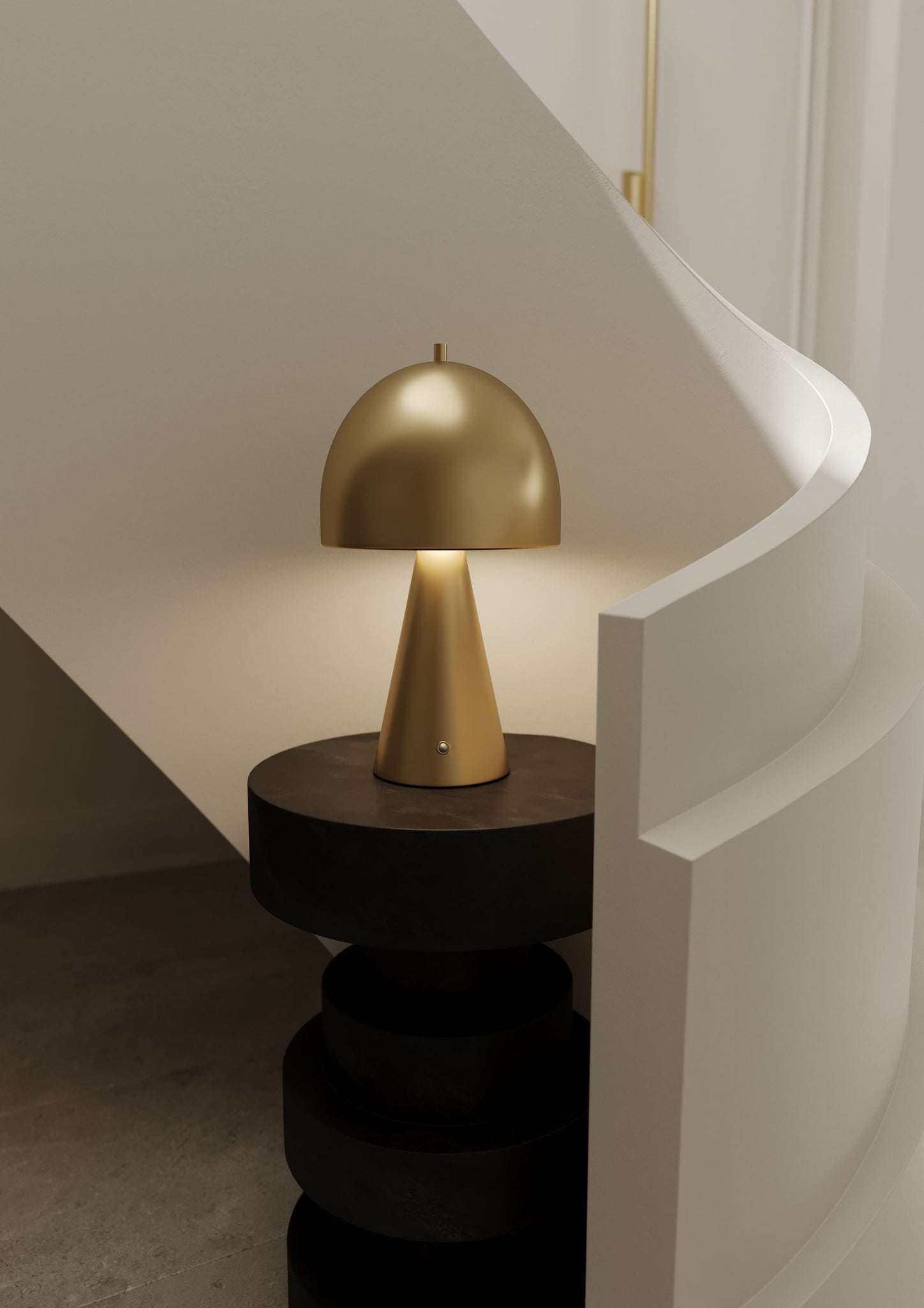 Hopkinton Rechargeable Table Lamp in aged brass styled in a curated interior for warm, layered light at Laurie Yapp Home.