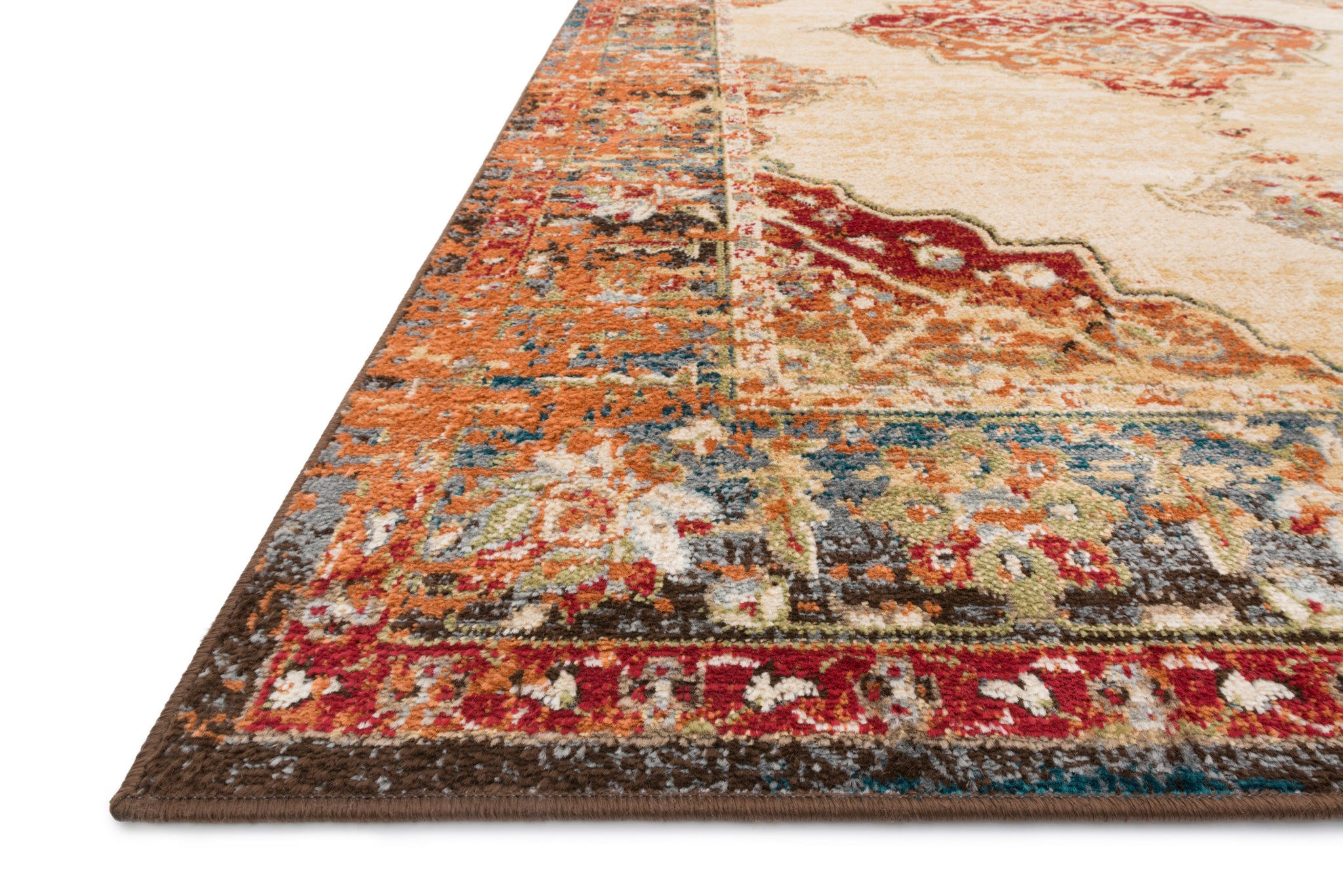 Side view of the Isadora Ant. Ivory / Sunset rug.
