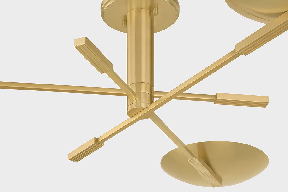 Close-up of the Johnson Semi Flush in aged brass showing the shade profile and mounting canopy.