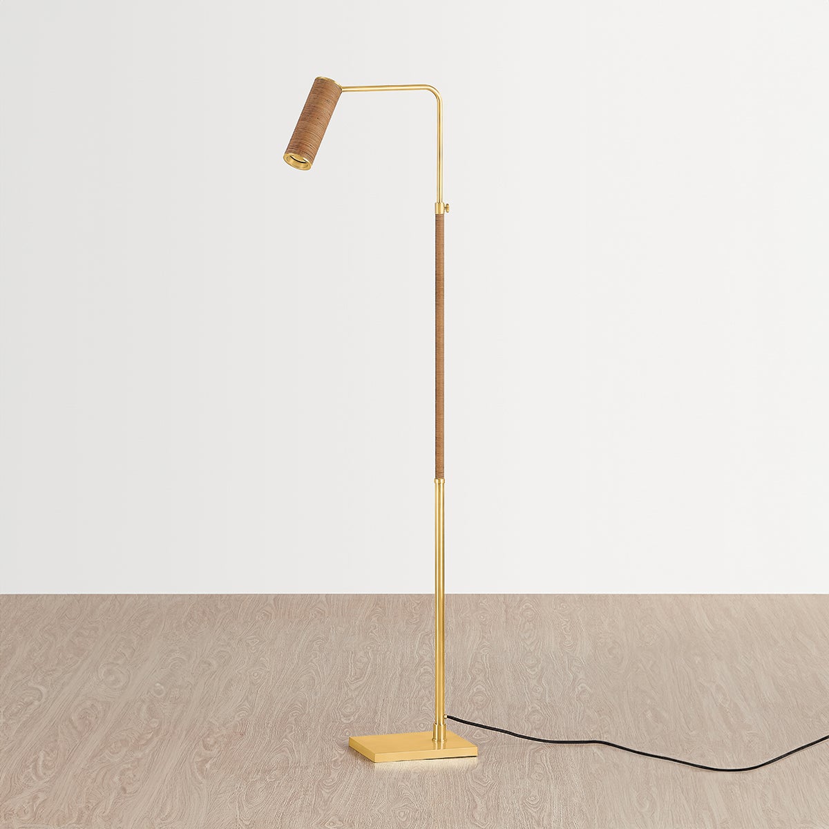 Narragansett Floor Lamp in aged brass shown from the front to reveal the stem, base, and shade proportions.