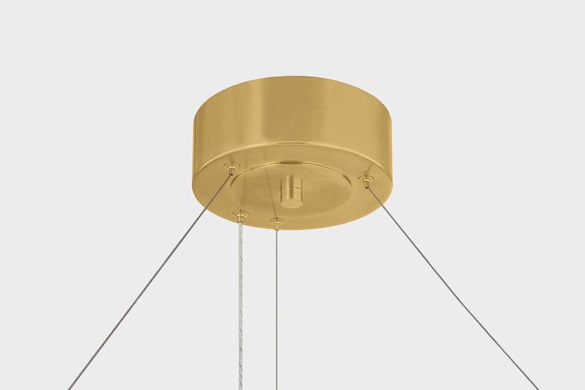 Linus Chandelier 61" x 3" shown from the front to reveal the frame, arms, and shade detail.