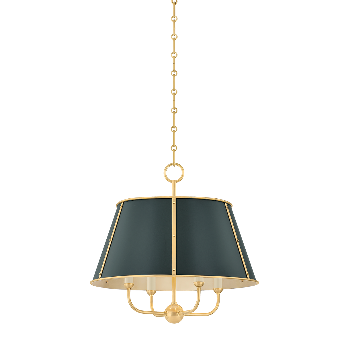 Close-up of the Cambridge Chandelier 20.25" in aged brass showing the frame, arms, and shade detail.
