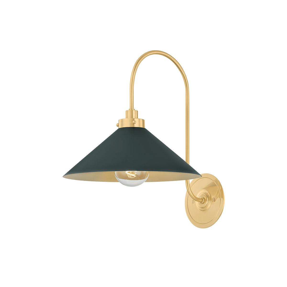 Close-up of the Clivedon Wall Sconce in aged brass showing the arm curve and shade silhouette.