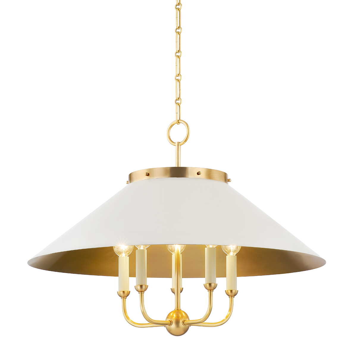 Clivedon Chandelier in aged brass shown from the front to reveal the frame, arms, and shade detail.