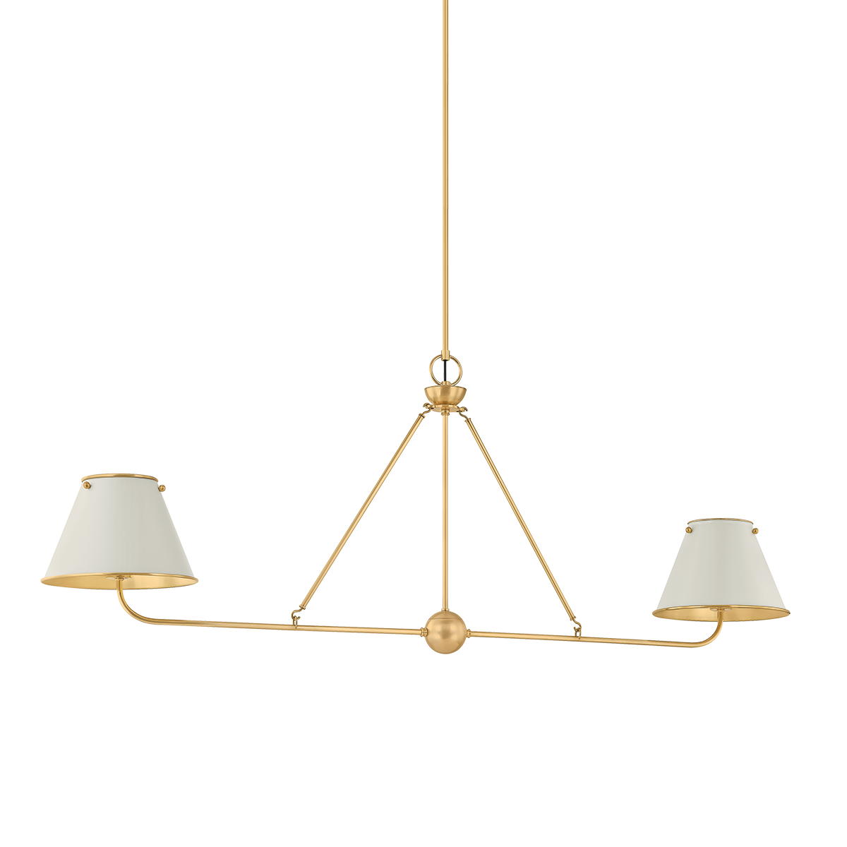 Burghley Linear in aged brass shown from a second angle to highlight the extended frame and shade array.