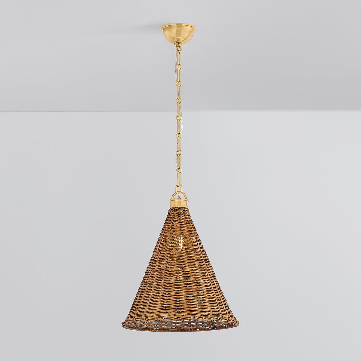 Kensington Pendant 14.75" in aged brass shown from the front to reveal the shade shape and metal detail.