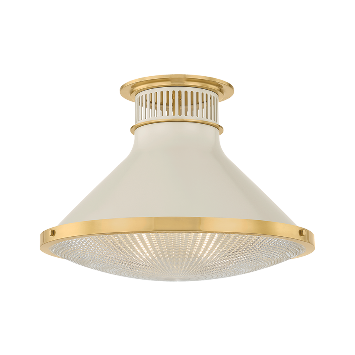 Highclere Flush Mount 17.75" in aged brass shown from the front to reveal the shade profile and mounting canopy.