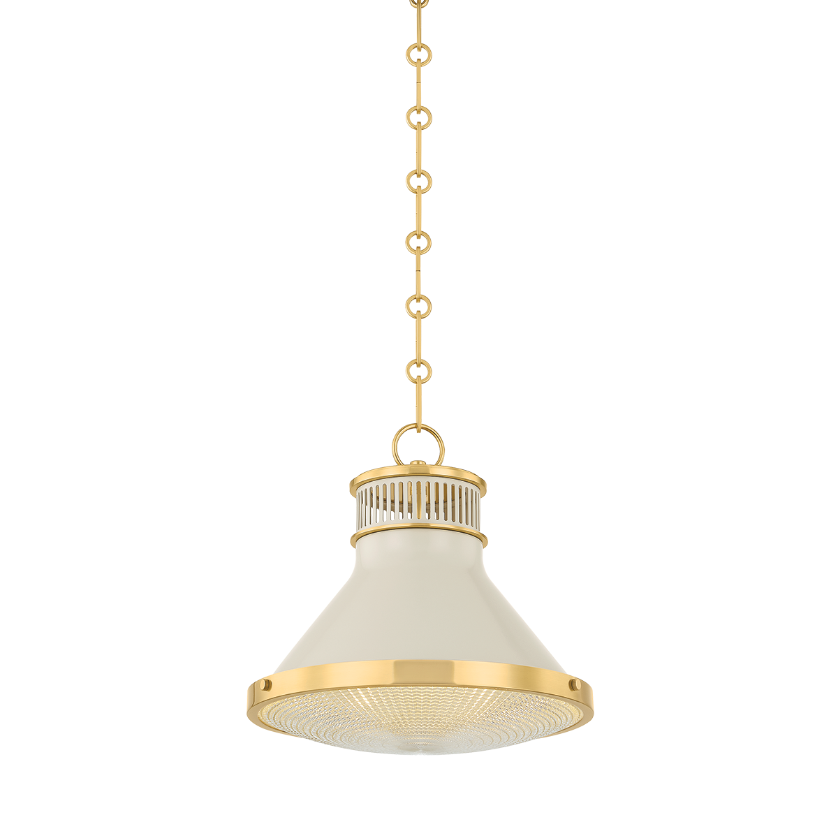 Highclere Pendant 12.75" in aged brass shown from the front to reveal the shade shape and metal detail.