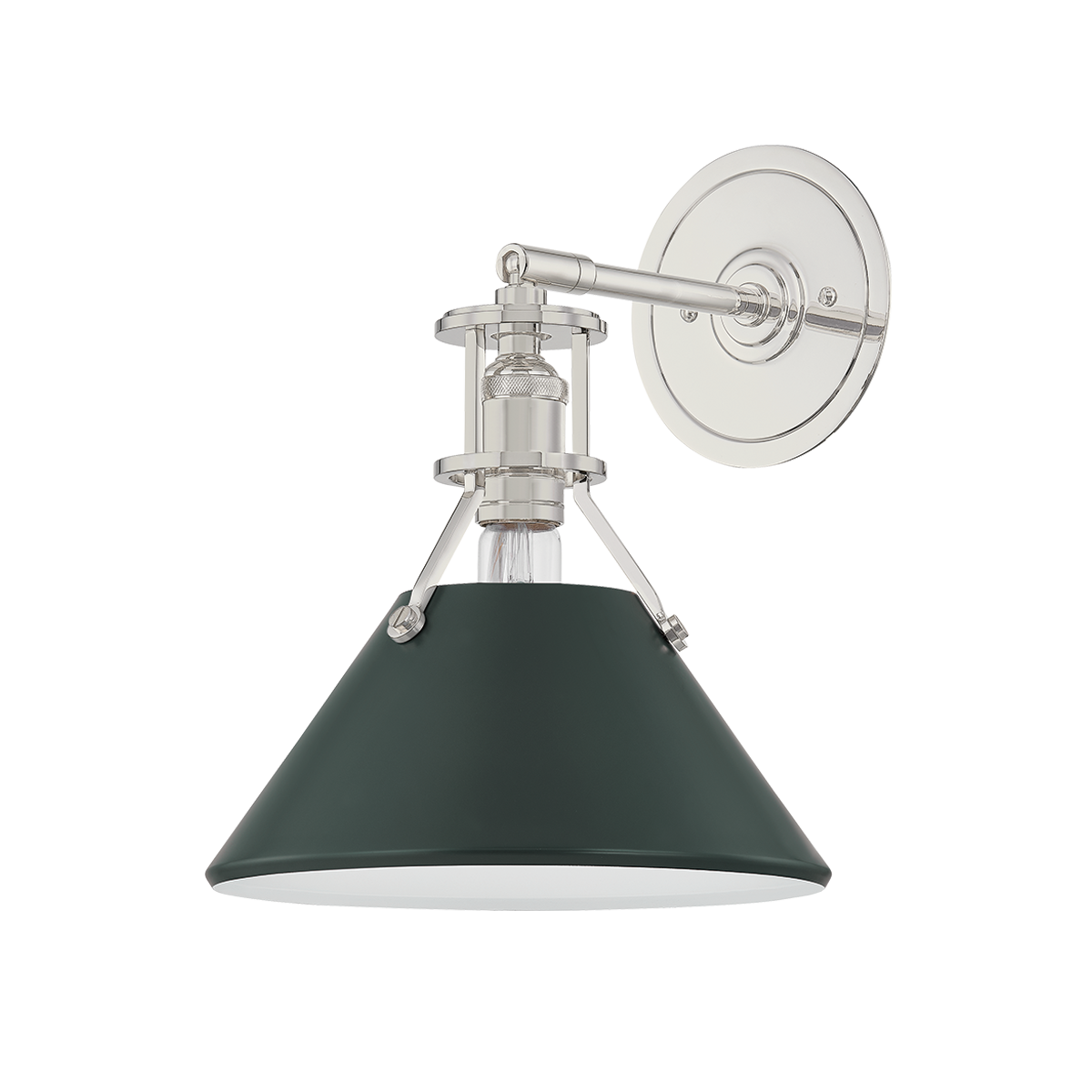 Close-up of the Painted No. 2 Wall Sconce in polished nickel showing the arm curve and shade silhouette.