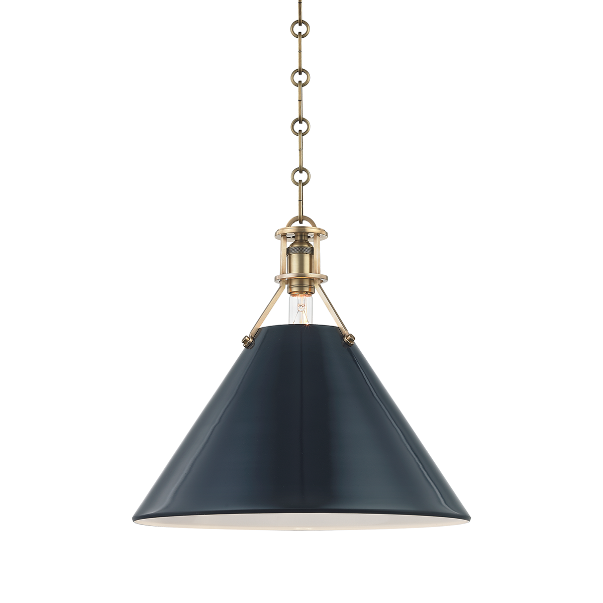 Painted No. 2 Pendant 16" in aged brass shown from the front to reveal the shade shape and metal detail.