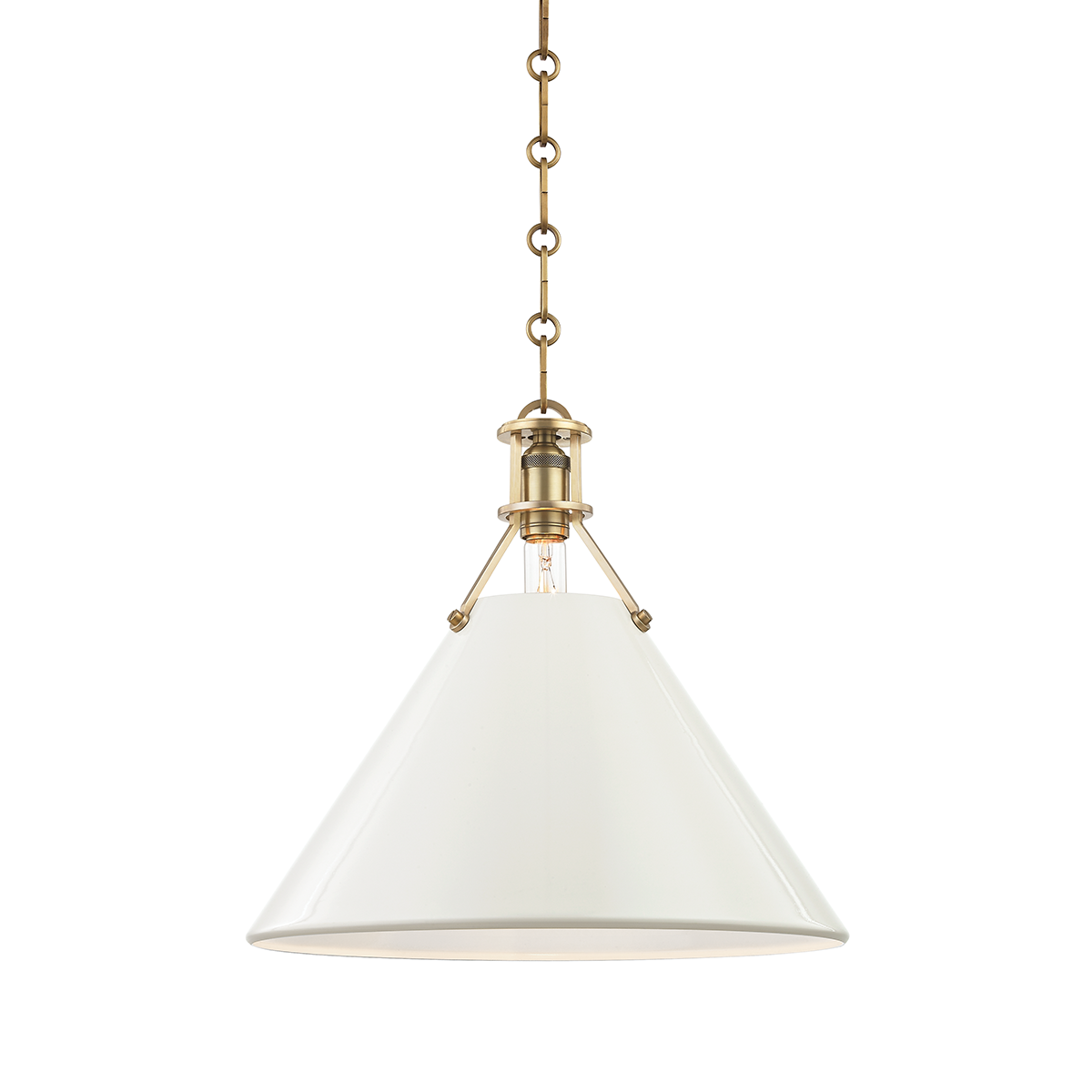 Close-up of the Painted No. 2 Pendant 16" in aged brass showing the shade shape and metal detail.