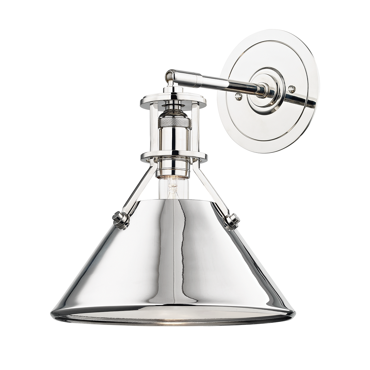 Metal No. 2 Wall Sconce in polished nickel shown from the front to reveal the arm curve and shade silhouette.