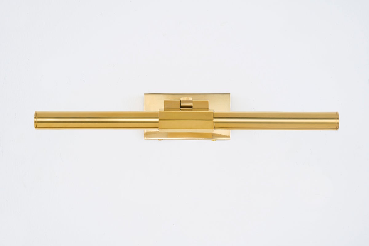 Melbourne Picture Light 16" in aged brass shown from the front to reveal the arm curve and shade proportion.