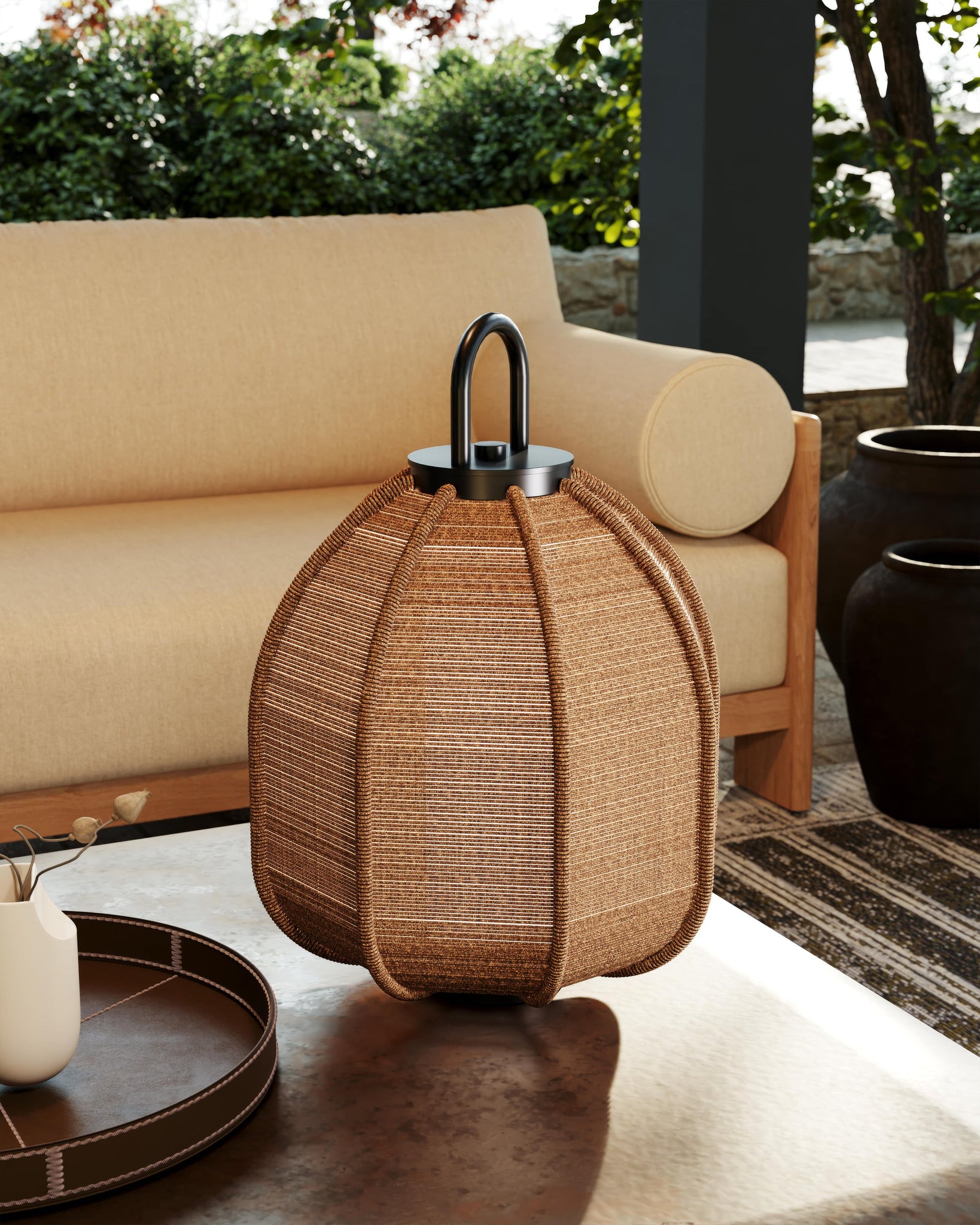 Maltby Exterior Rechargeable Table Lamp 15" styled in a curated console for warm, layered light at Laurie Yapp Home.