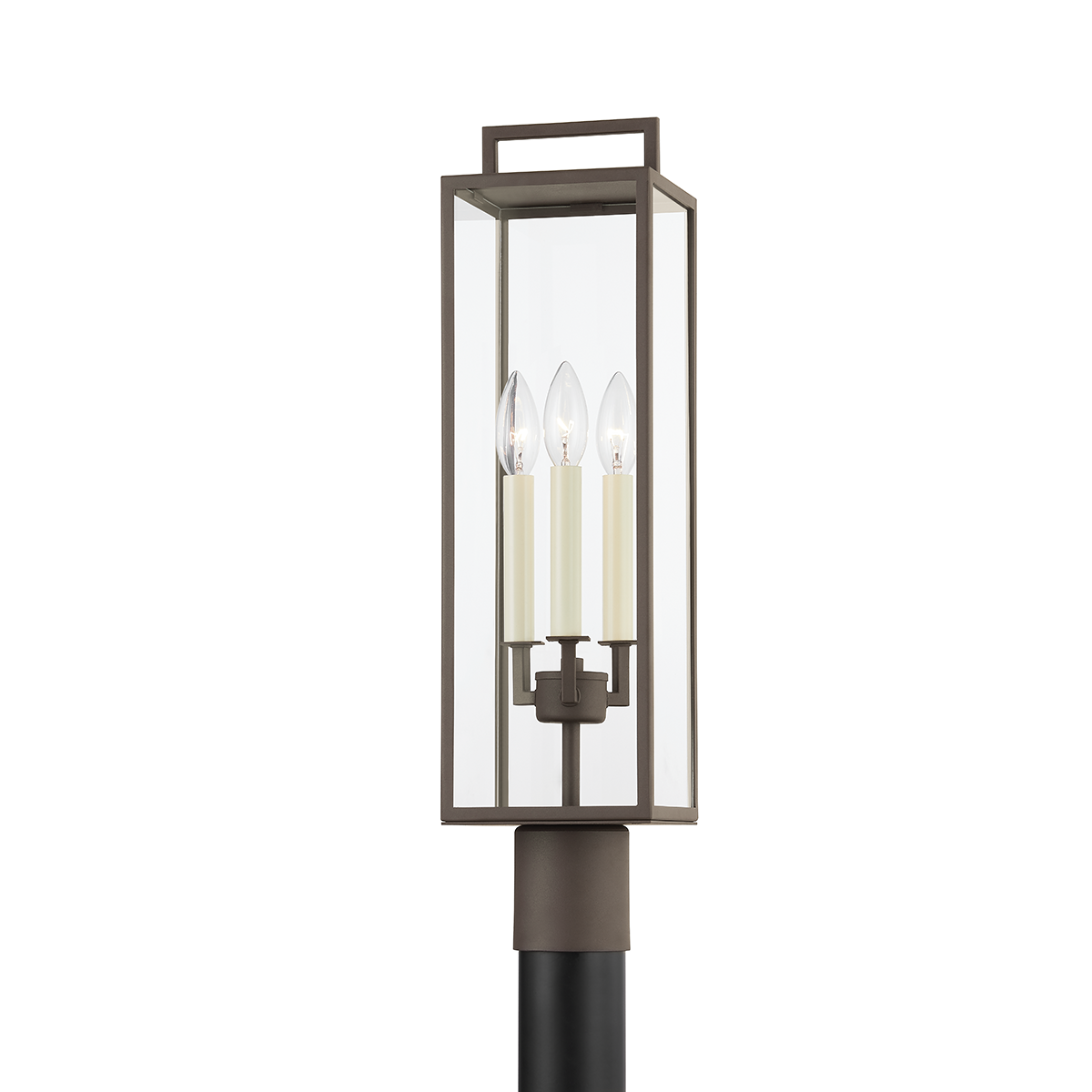 Beckham Exterior Post 6" x 23.75" shown from a second angle to highlight the lantern frame and glass panel detail.