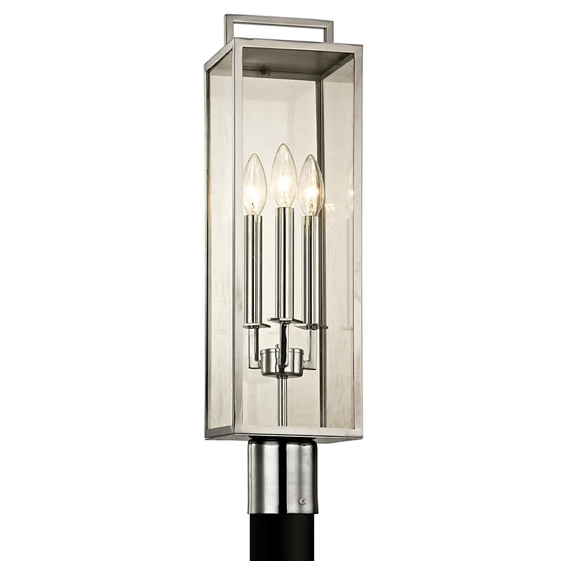 Beckham Exterior Post 6" x 23.75" shown from the front to reveal the lantern frame and glass panel detail.