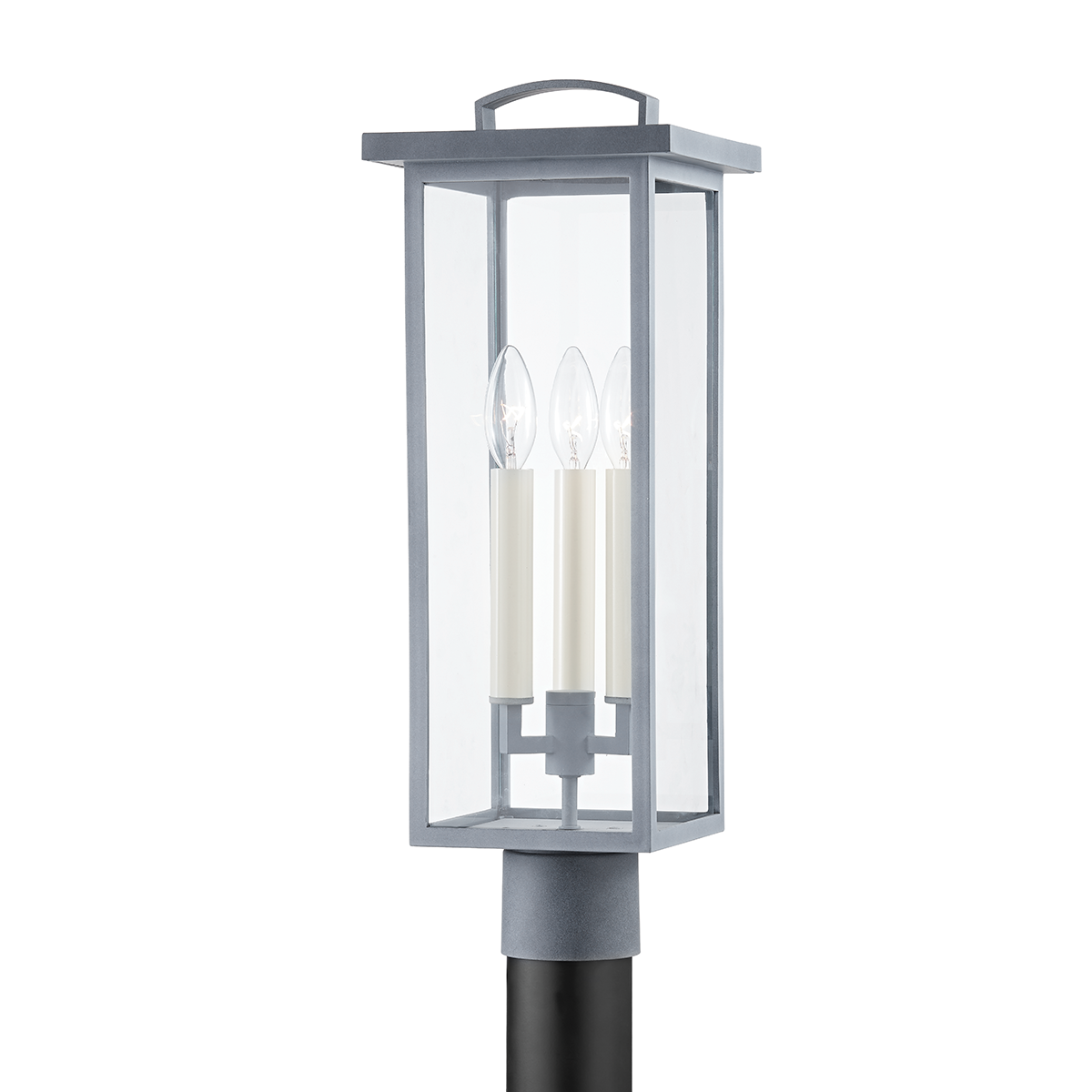 Eden Exterior Post 7.5" x 21" shown from the front to reveal the lantern frame and glass panel detail.
