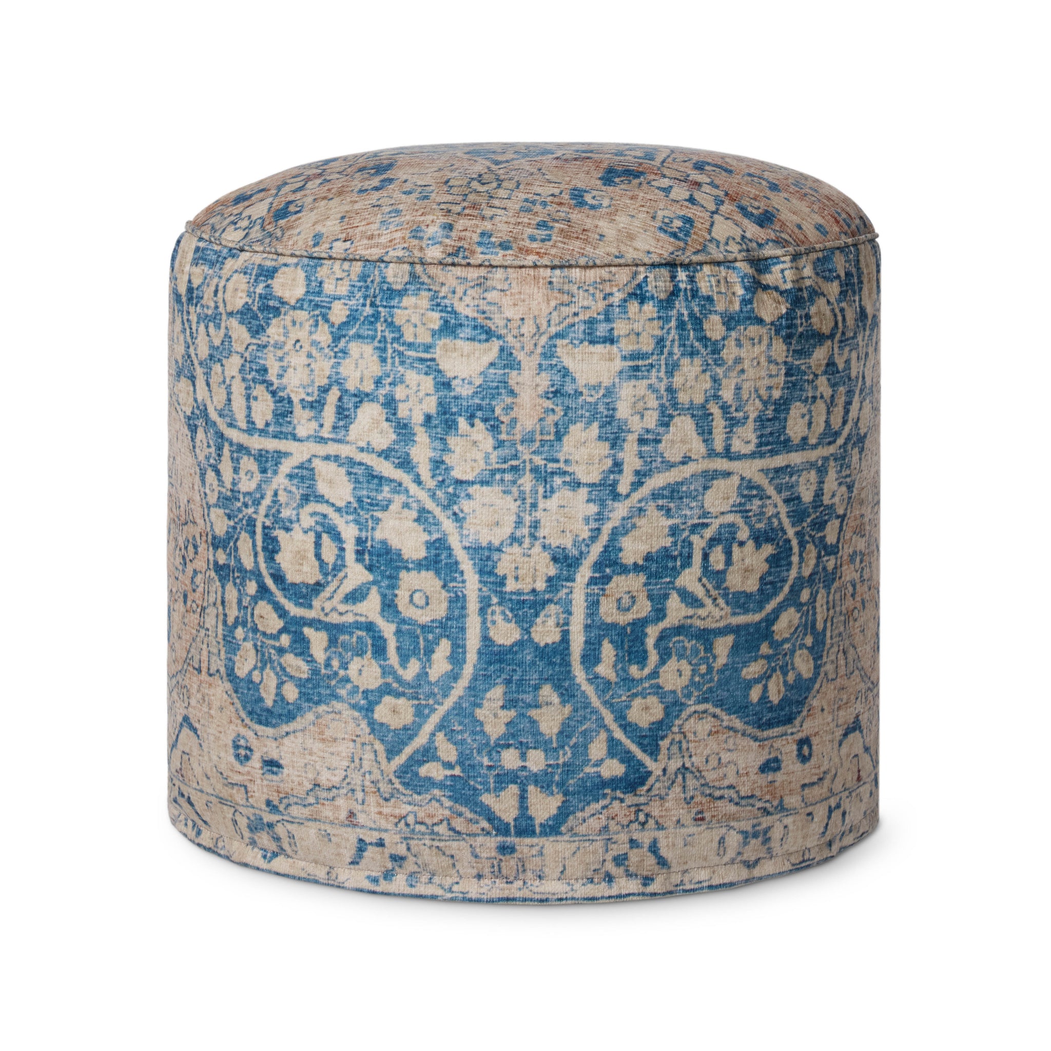 Blue / Tangerine Pouf — a Loloi pouf at Laurie Yapp Home.