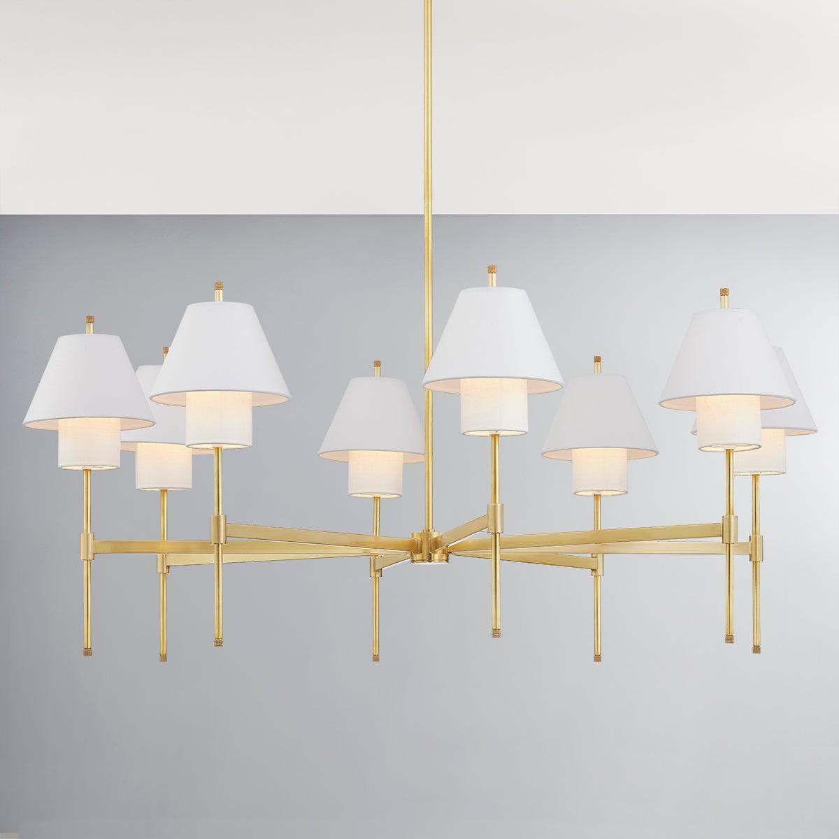 Close-up of the Glenmoore Chandelier 48.5" x 26.25" in aged brass showing the frame, arms, and shade detail.