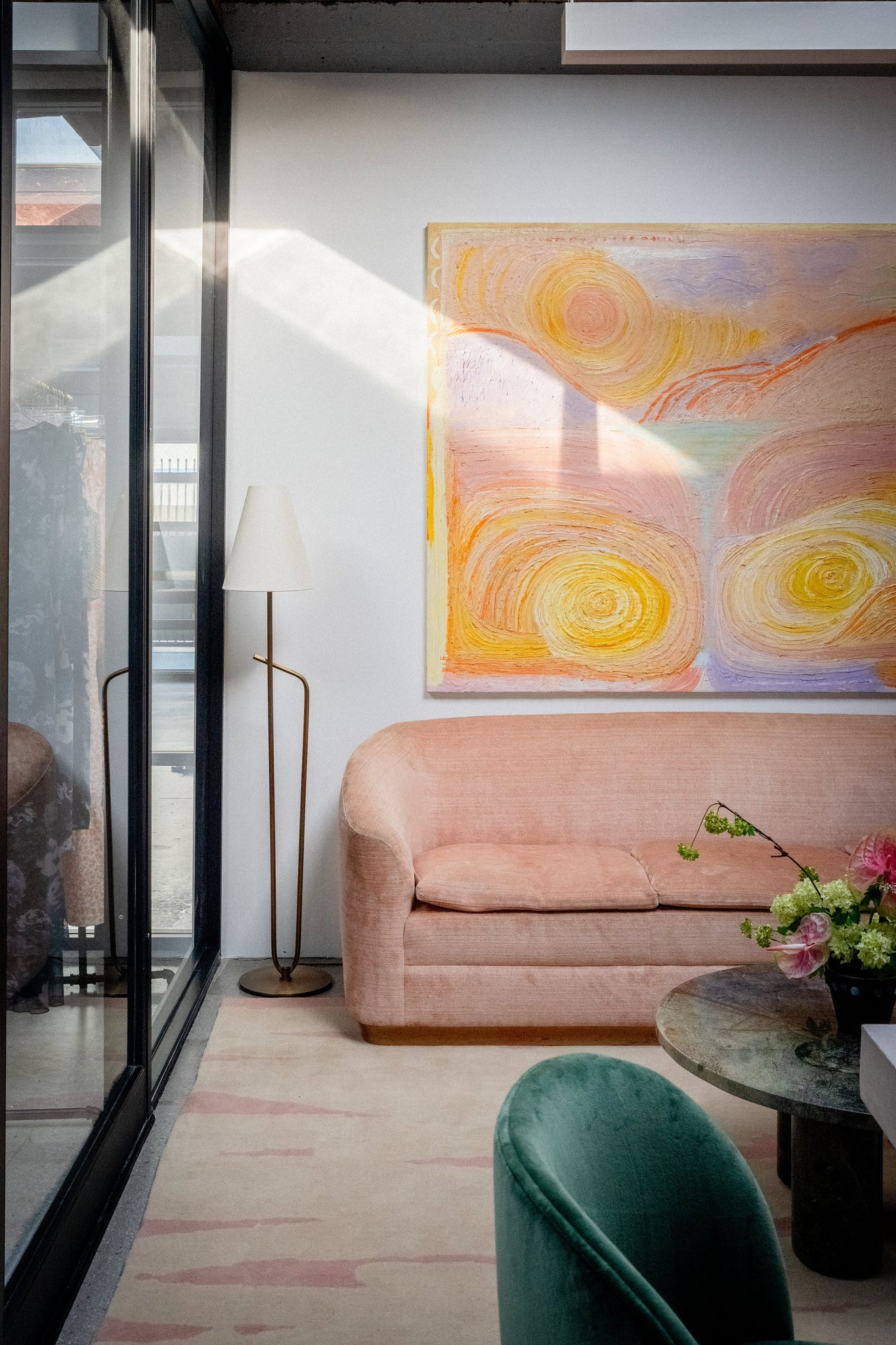 Pearce Floor Lamp styled in a bedroom for warm, layered light at Laurie Yapp Home.