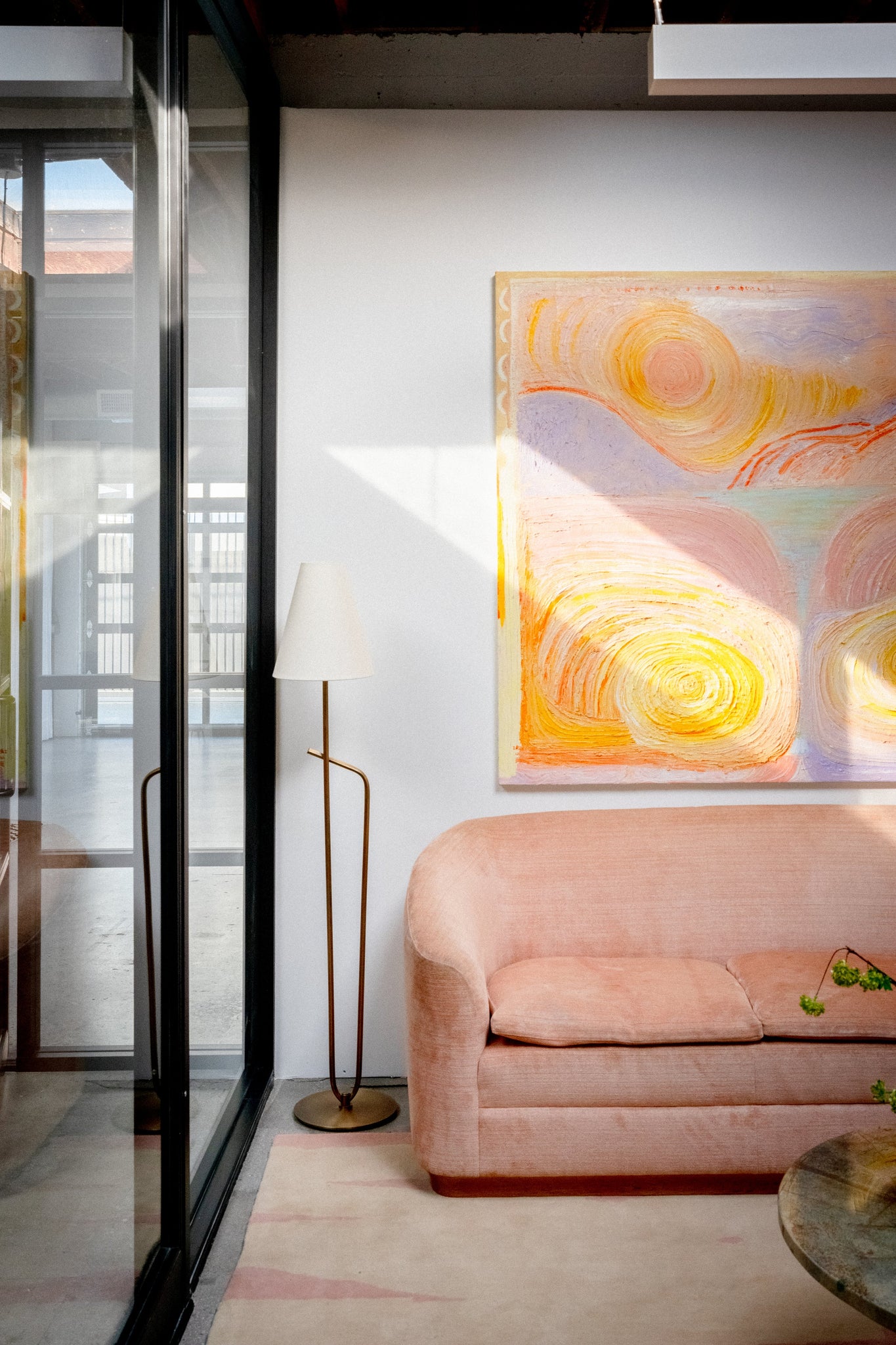 Pearce Floor Lamp styled in a reading nook for warm, layered light at Laurie Yapp Home.