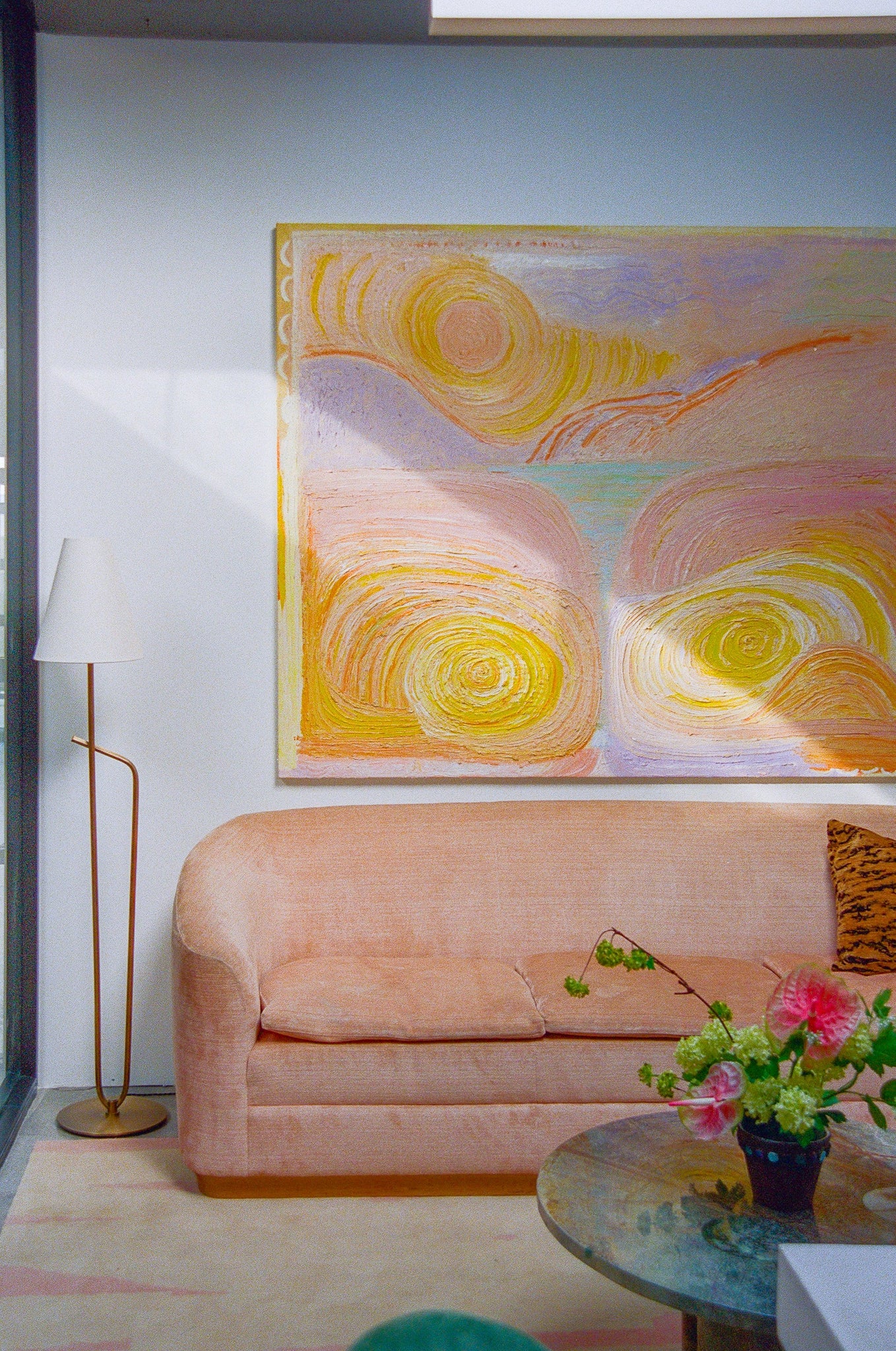 Pearce Floor Lamp styled in a living room corner for warm, layered light at Laurie Yapp Home.