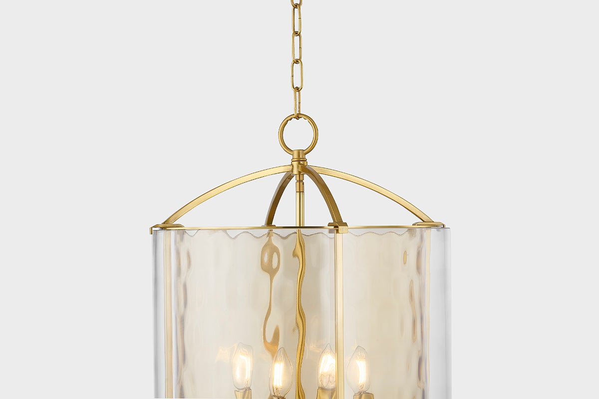 Close-up of the Ramsey Lantern 18" in aged brass showing the frame and glass panel detail.