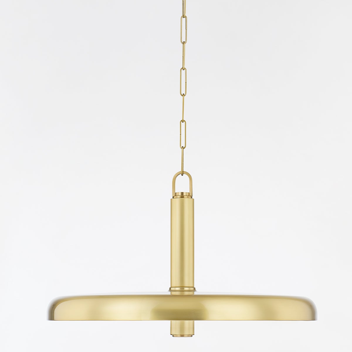 Reynolds Pendant 28" in aged brass shown from a second angle to highlight the shade shape and metal detail.
