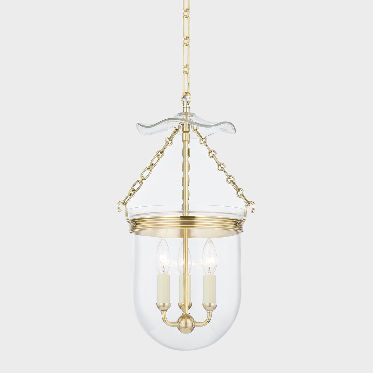 Rousham Lantern 12.75" in aged brass shown from a second angle to highlight the frame and glass panel detail.