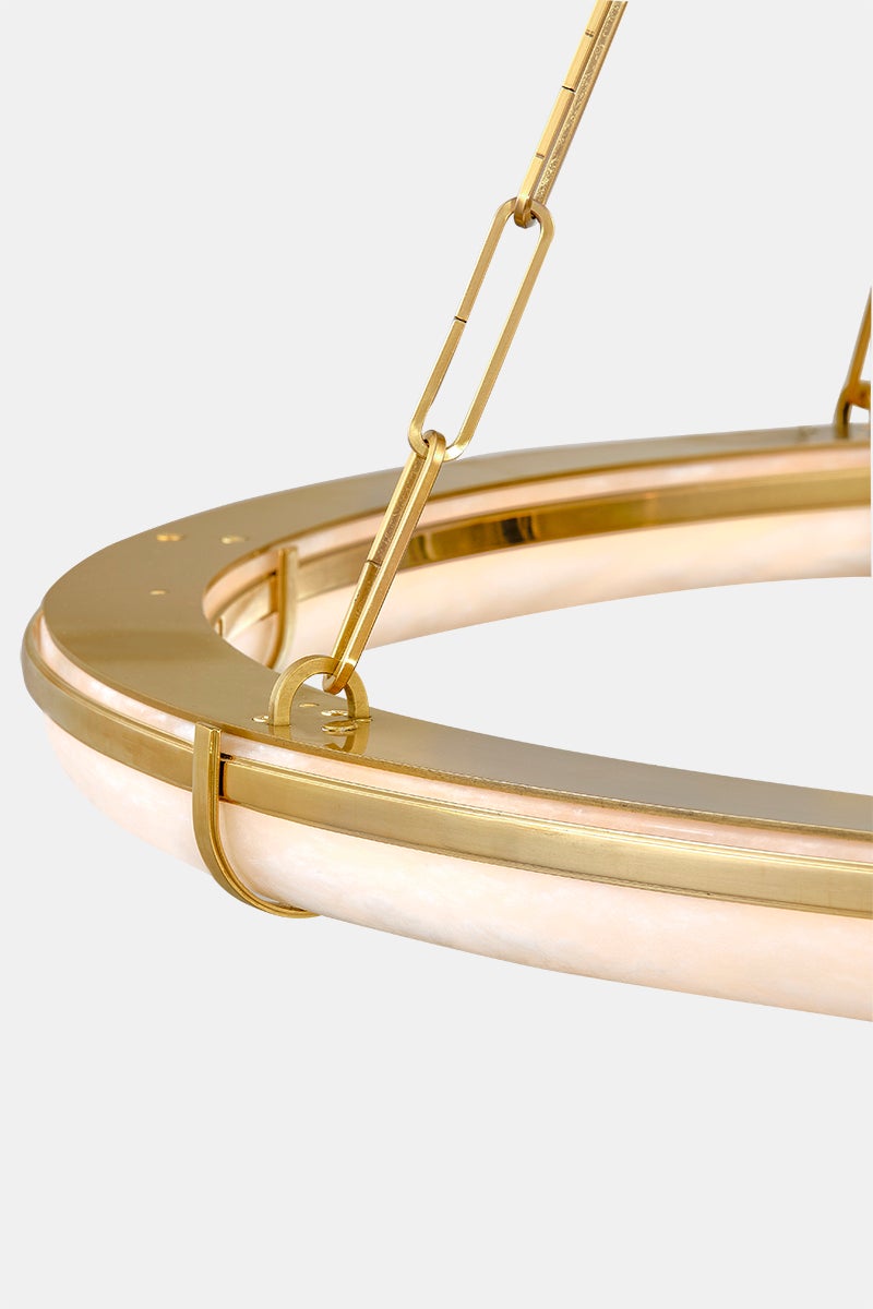 Sennett Chandelier 42" in aged brass shown from a second angle to highlight the frame, arms, and shade detail.