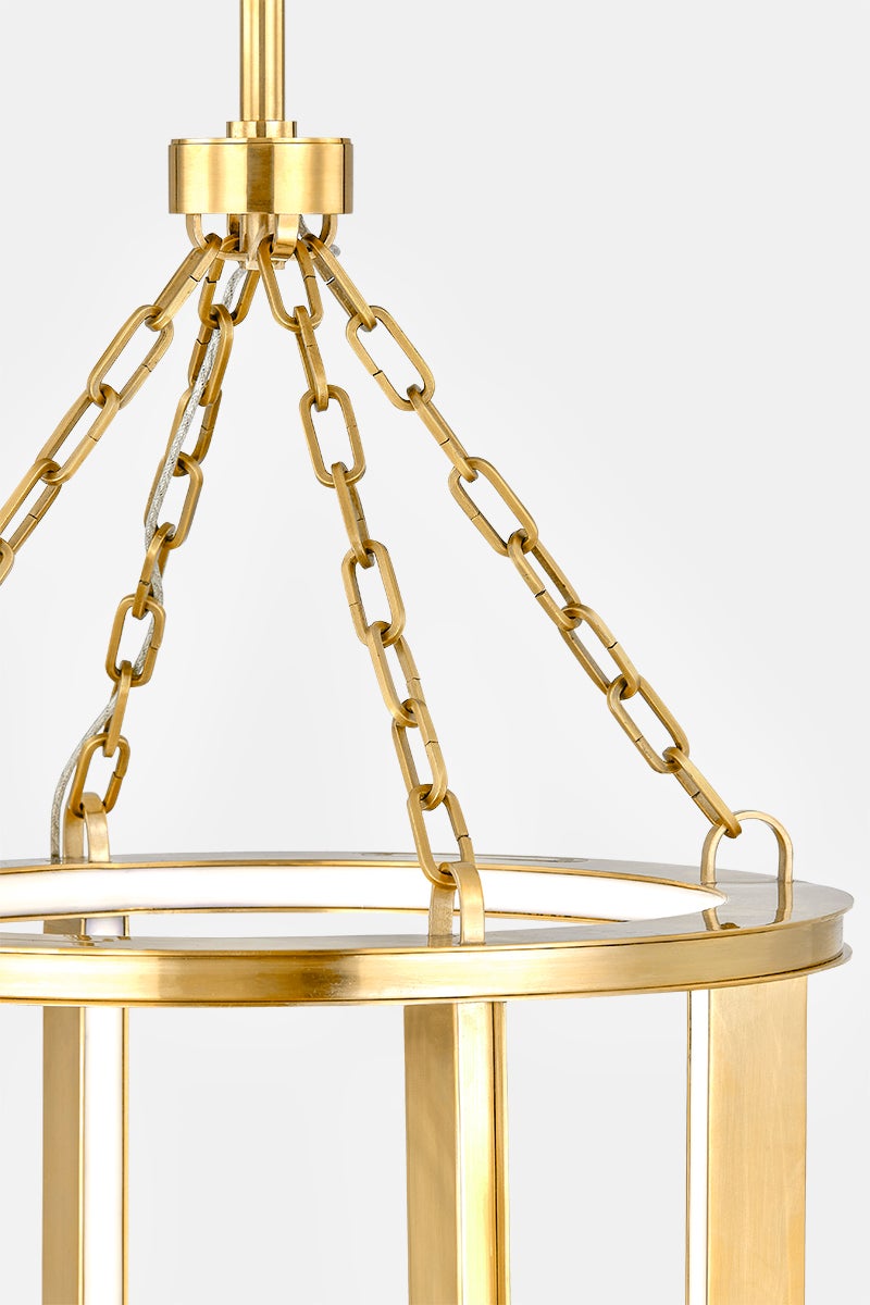 Tournu Lantern 16.25" in aged brass shown from the front to reveal the frame and glass panel detail.
