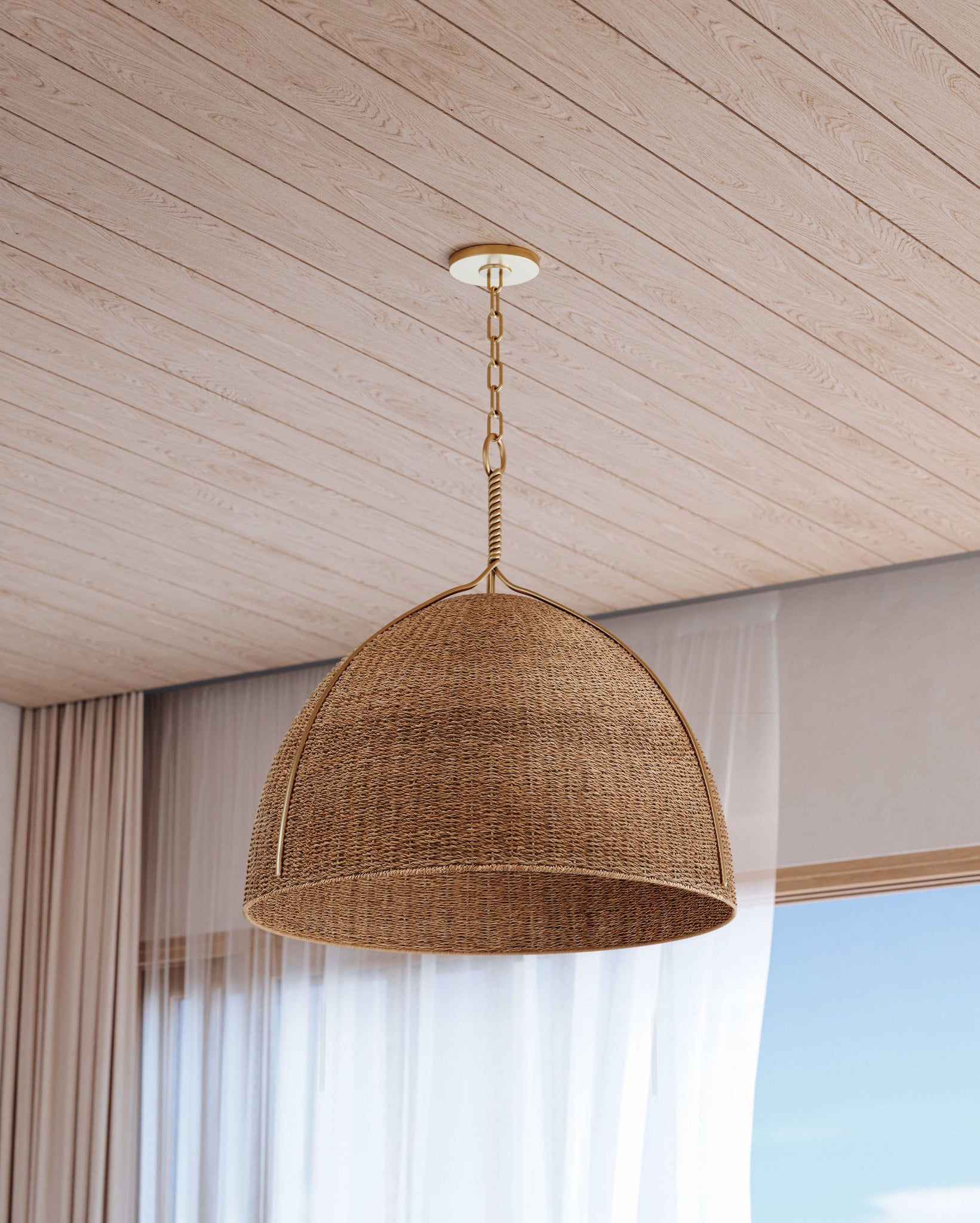 Close-up of the Woodlawn Pendant 28.5" showing the shade shape and metal detail.