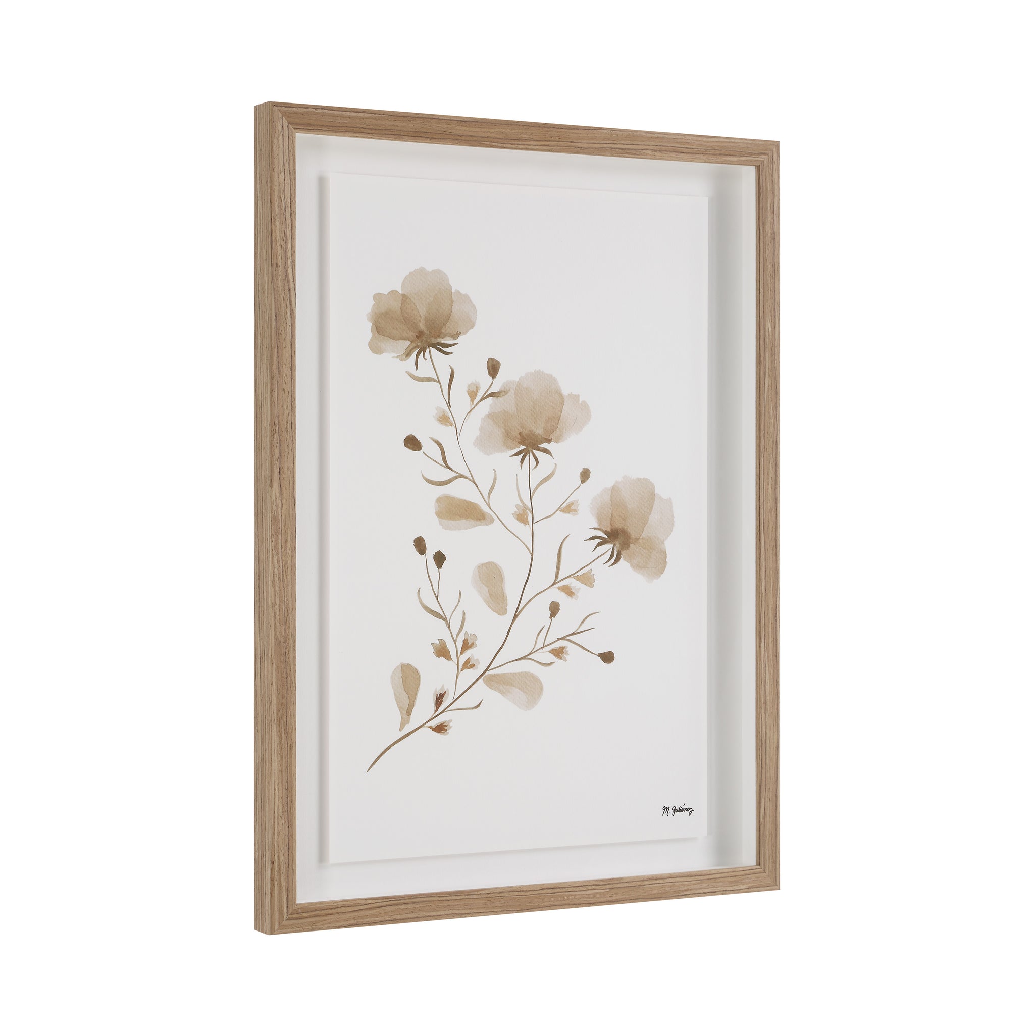 Madalena wall art featuring soft beige floral design in a natural wood frame