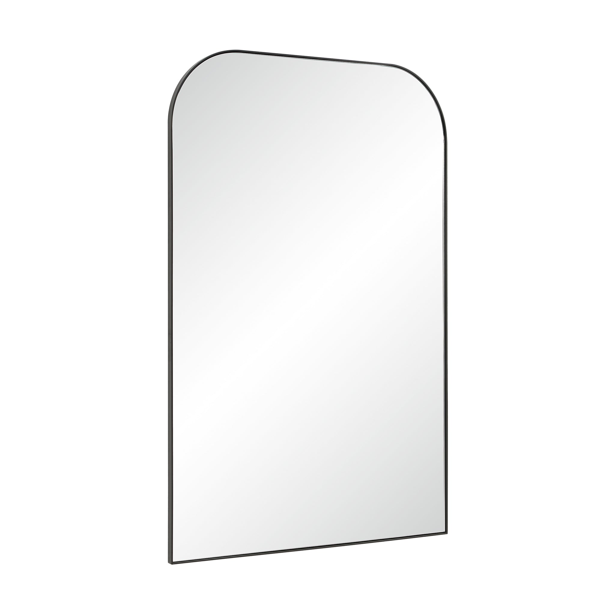 Opalina mirror featuring a curved top, angled view, and sleek black frame.