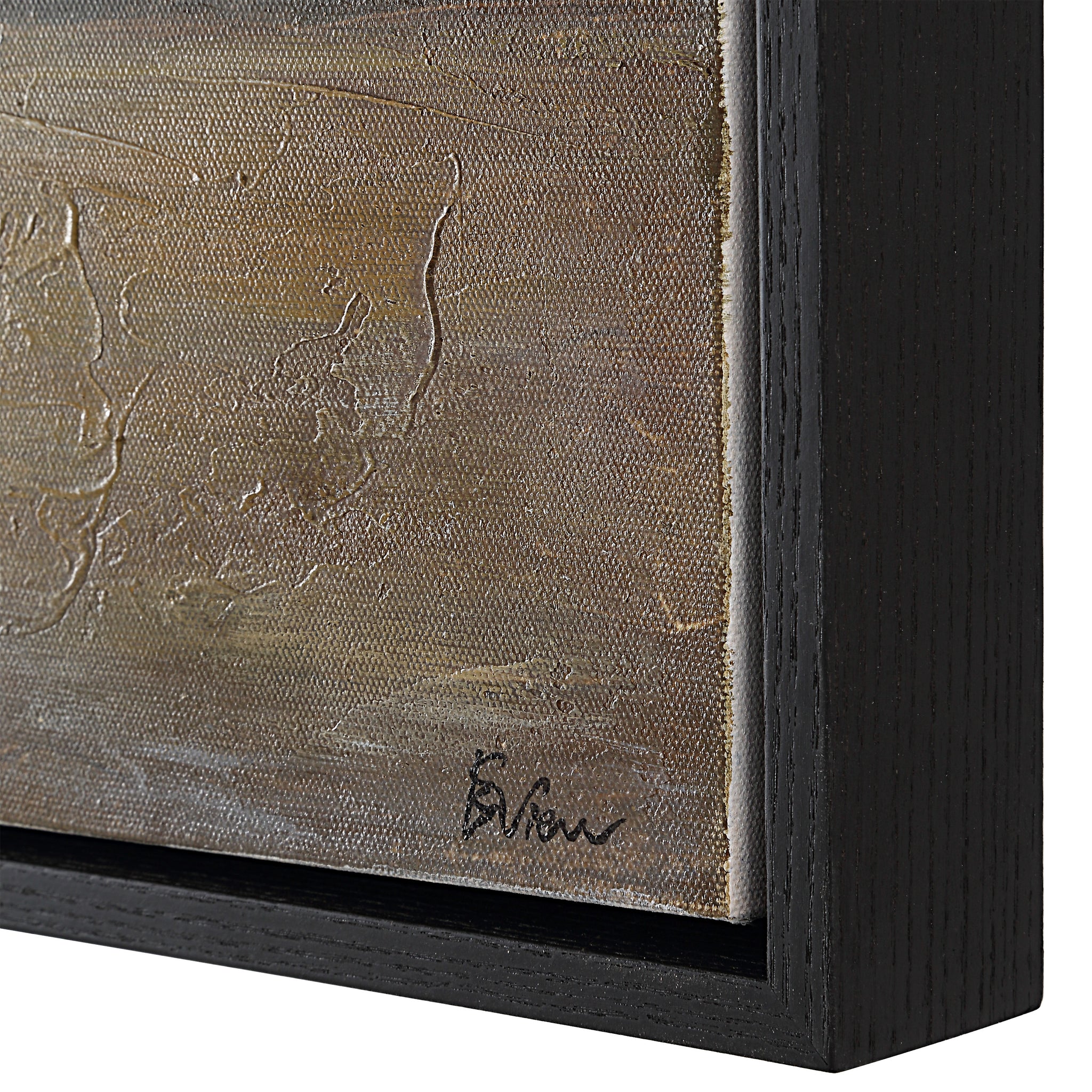 Mackay canvas art featuring textured brown and gold tones, framed in a sleek black wooden frame.