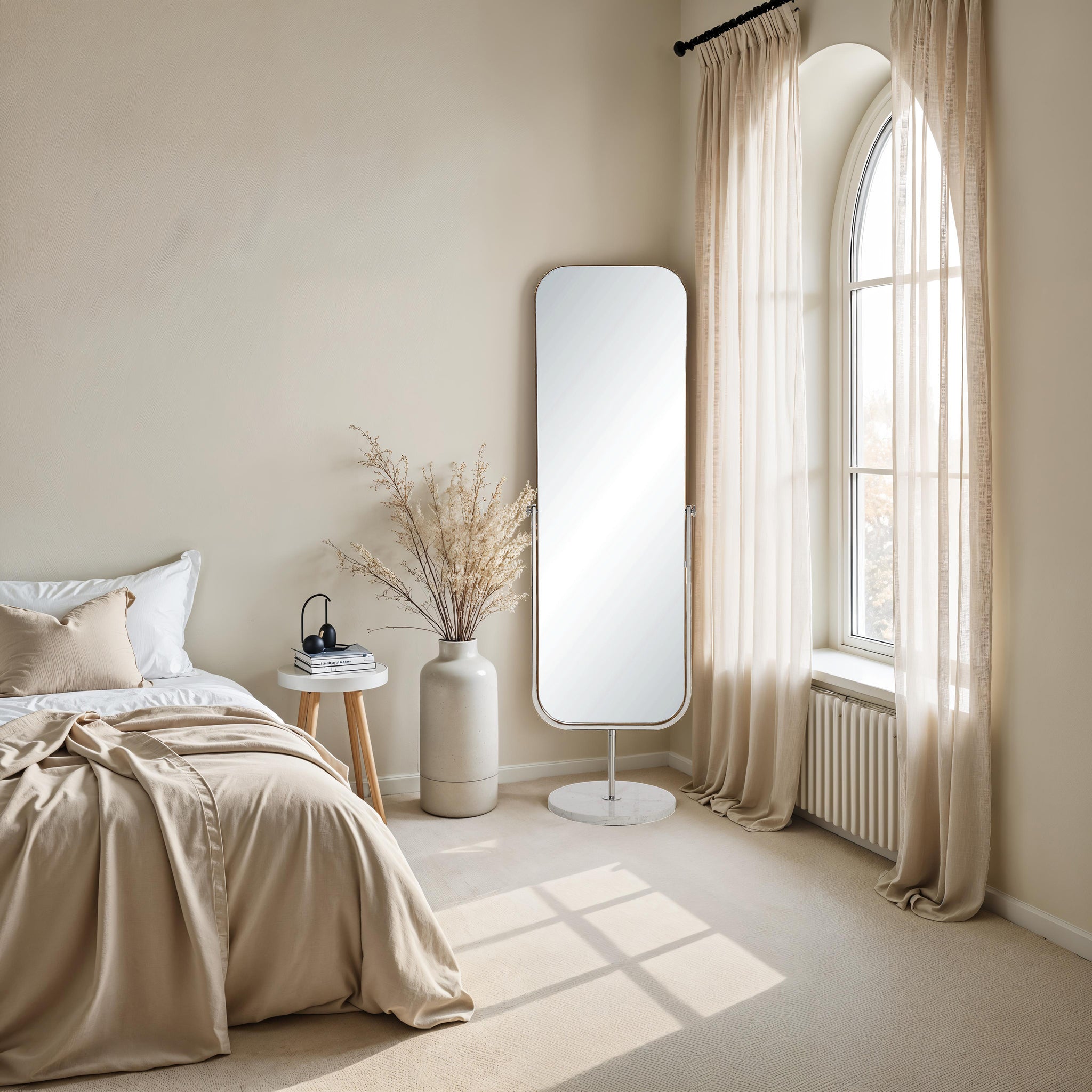 Mandra mirror in a cozy bedroom setting, positioned beside a bed with neutral decor and natural light.