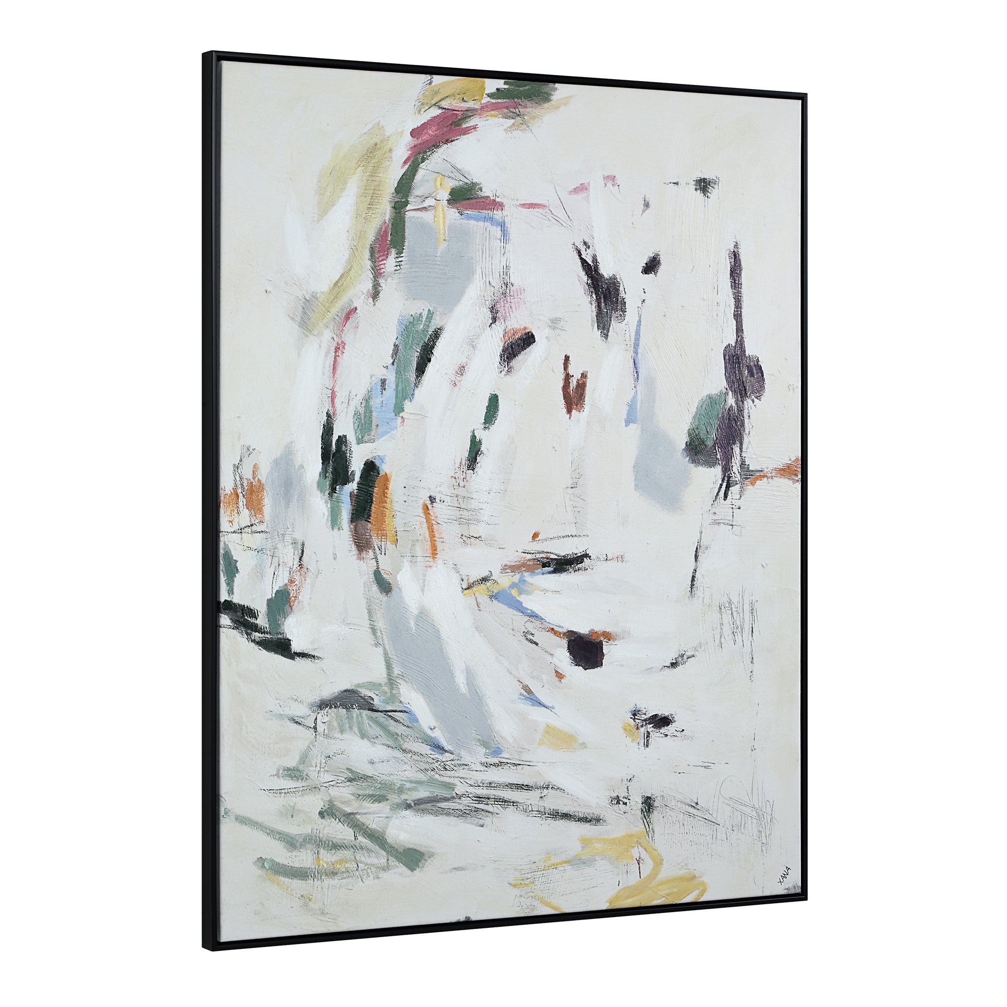 Cinta canvas art displayed at an angle, showcasing abstract colors and textures on a light background.