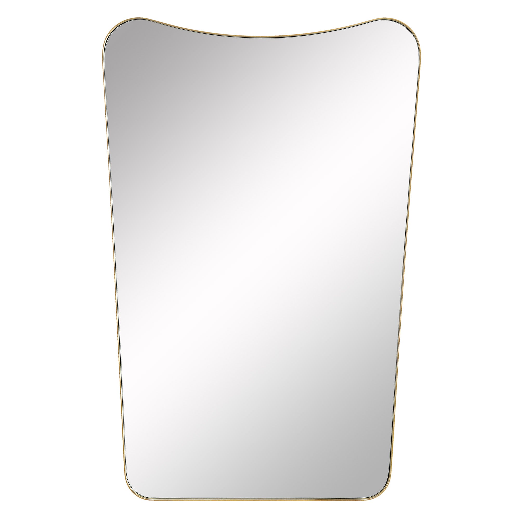 Artesia Wall Mirror with a wavy top edge and gold frame, reflecting light.