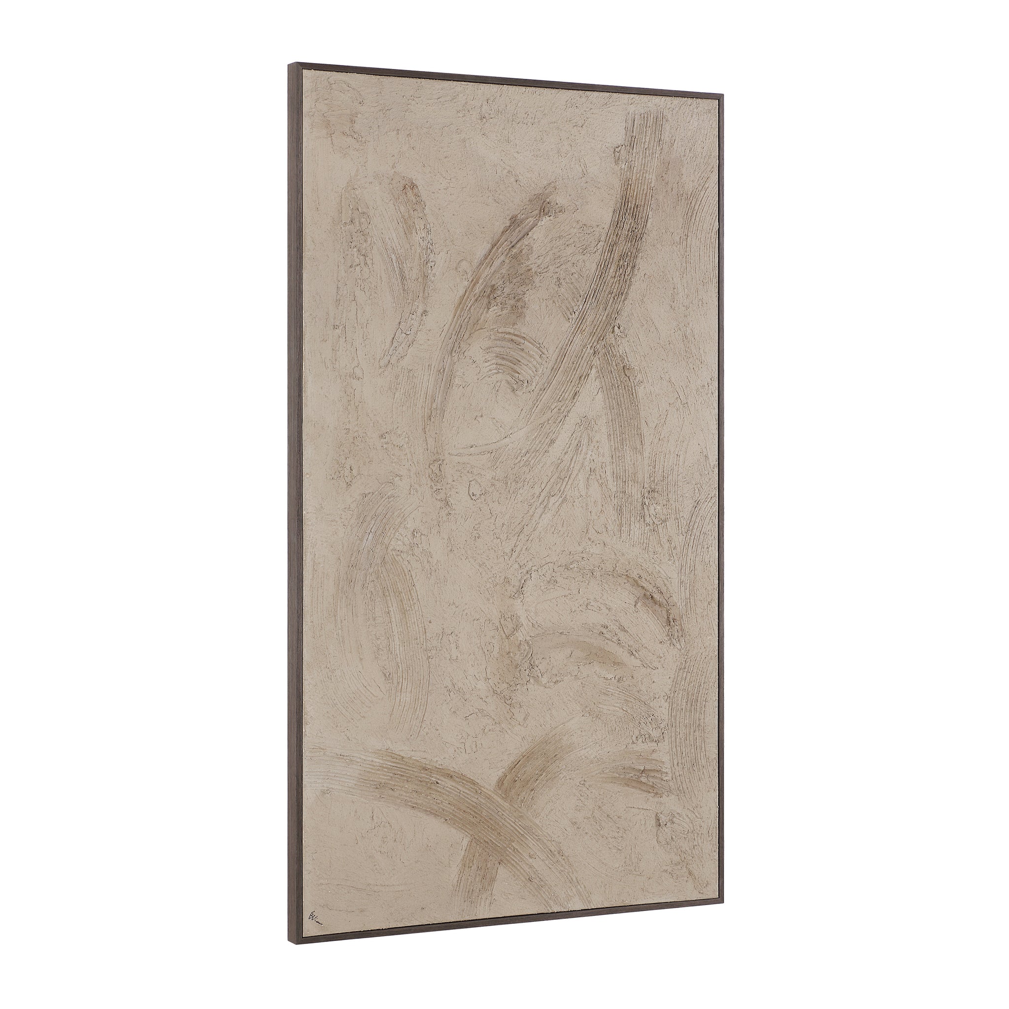 Trofa canvas art displayed vertically, showcasing abstract beige textures and strokes.