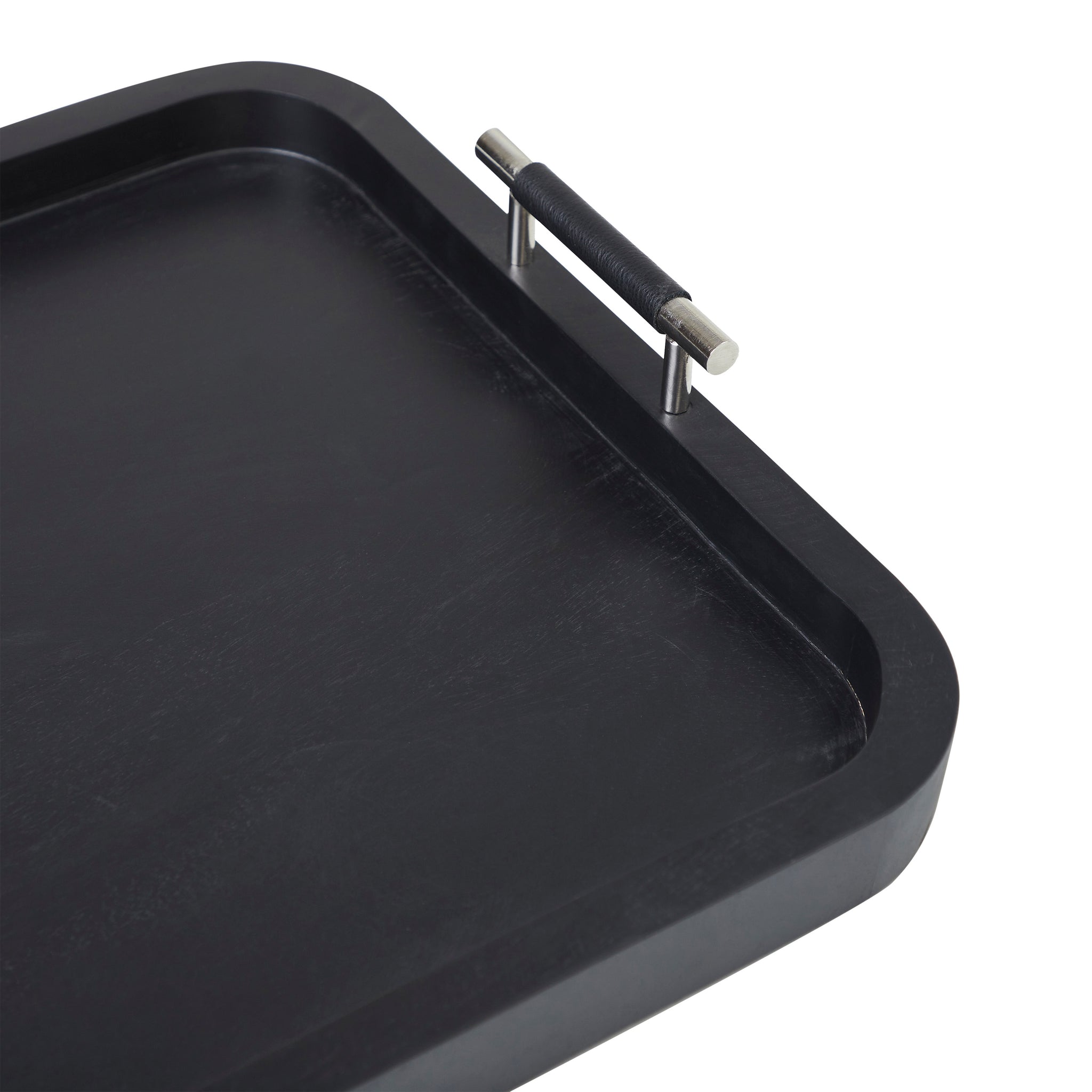 Hudson Tray by Renwil, close-up of black tray showing handle detail and smooth surface.