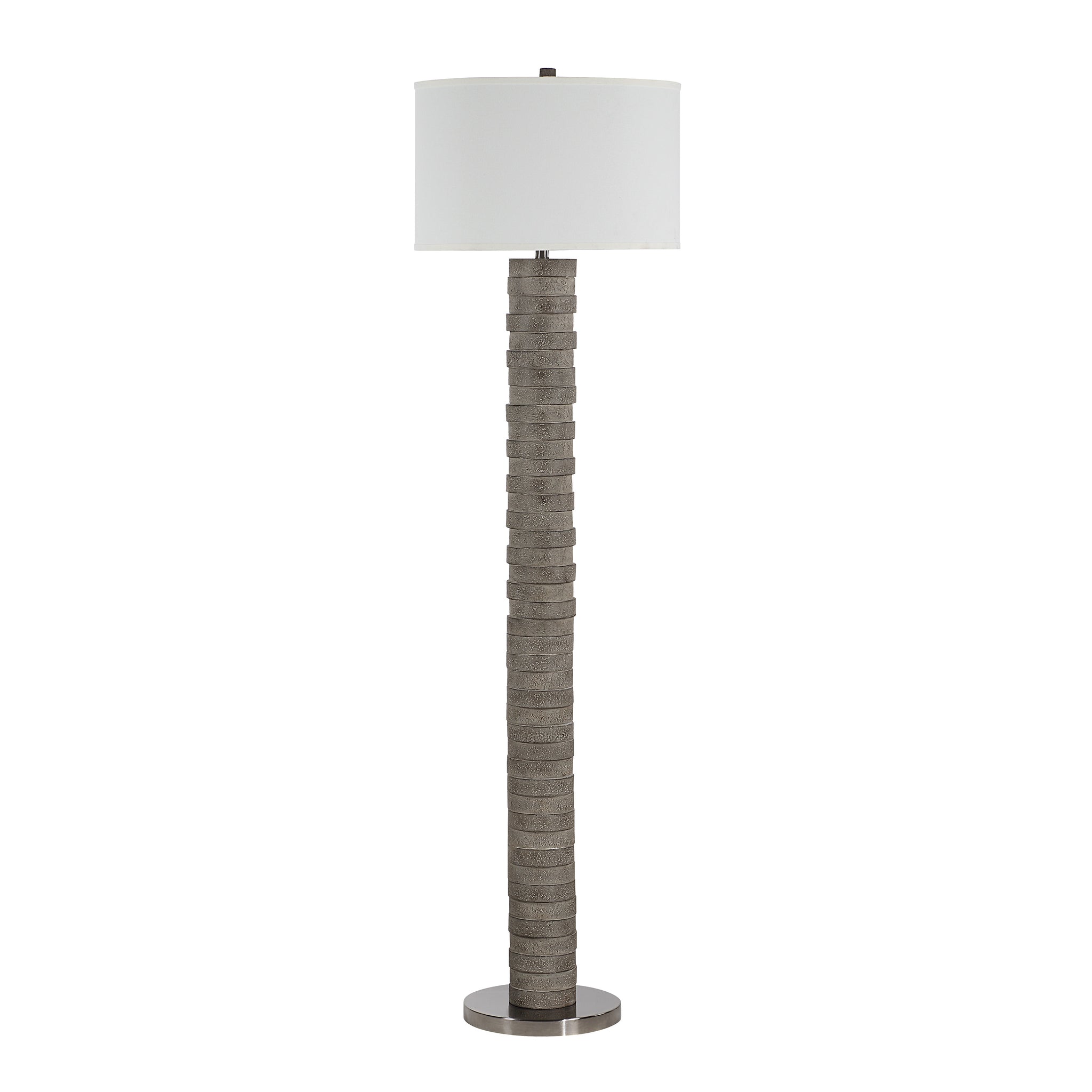Moringa floor lamp with a textured gray base and white drum shade.