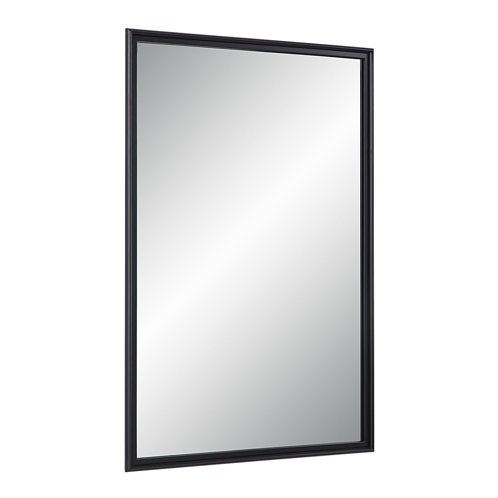 Lausanne Wall Mirror angled view, featuring a black frame and clear reflective glass.