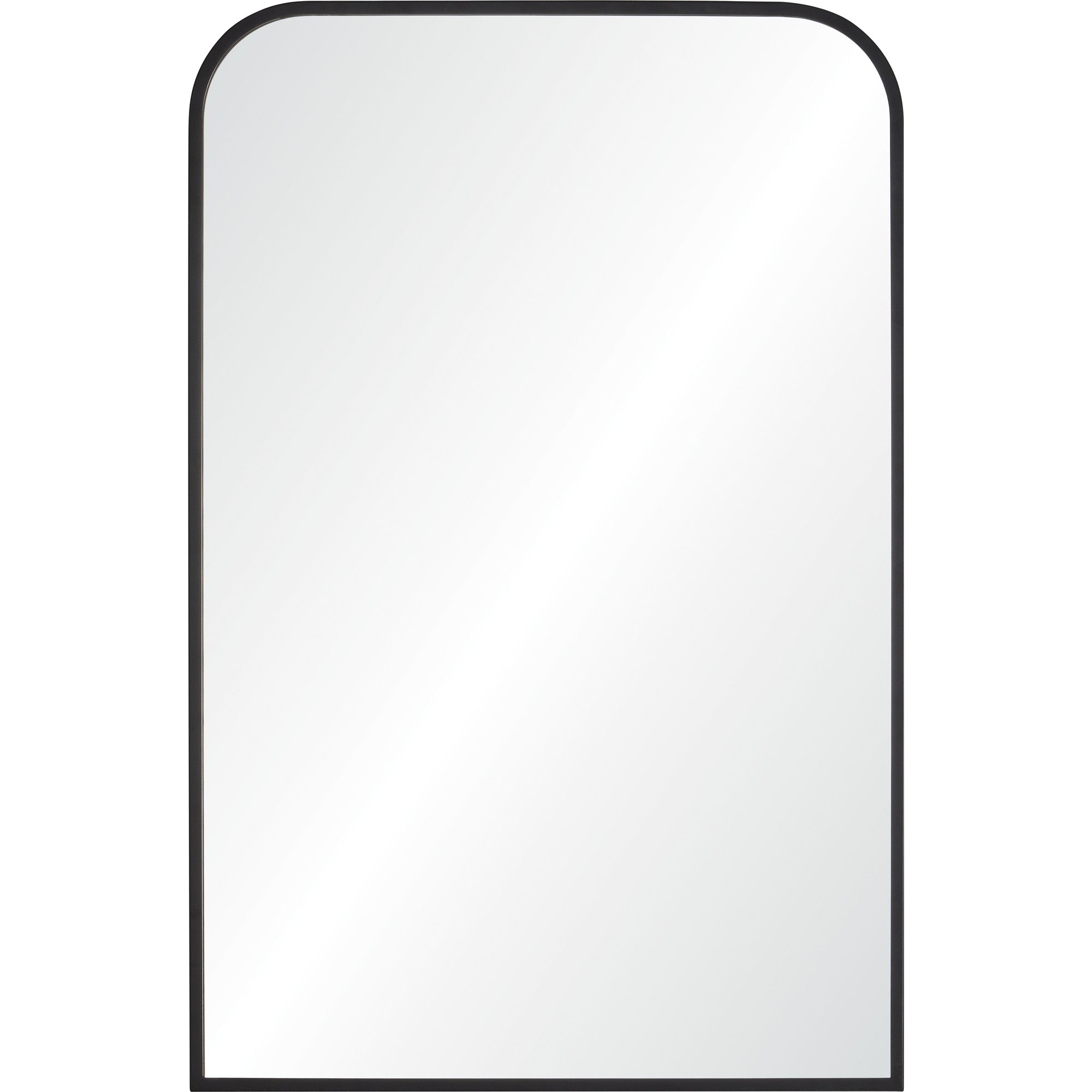 Jackline Wall Mirror with rounded top, black frame, and clear reflective surface, front view.